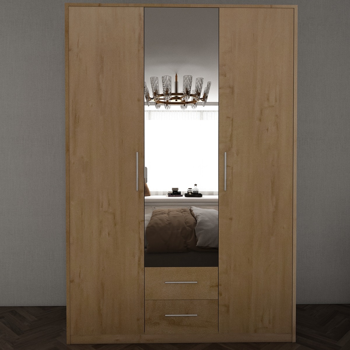 WINSTEAD 3 Door Mirrored Wardrobe with 2 Drawers Oak - 120cm