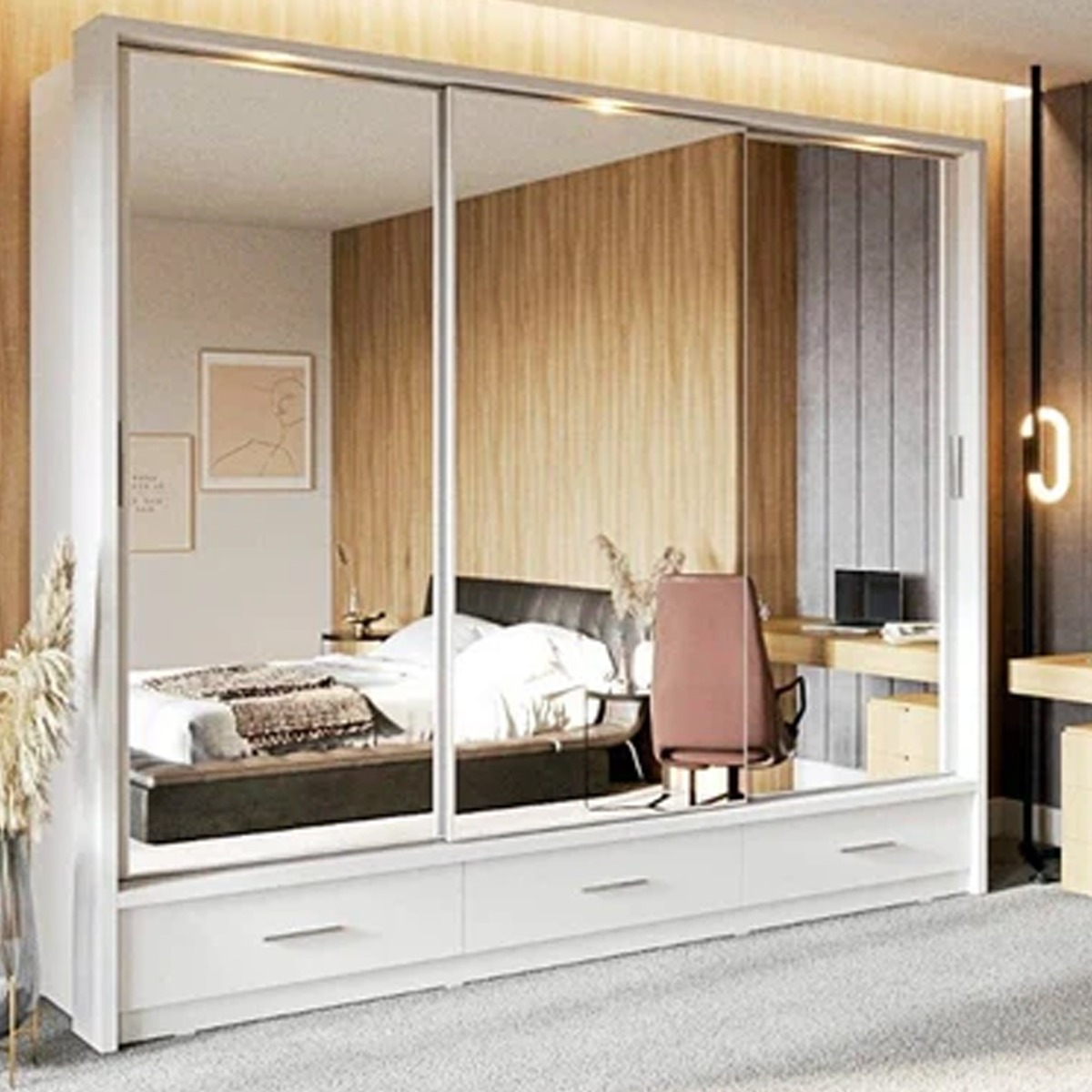 ARTU 3 Door Mirrored Sliding Wardrobe with 3 Drawers White - 250cm