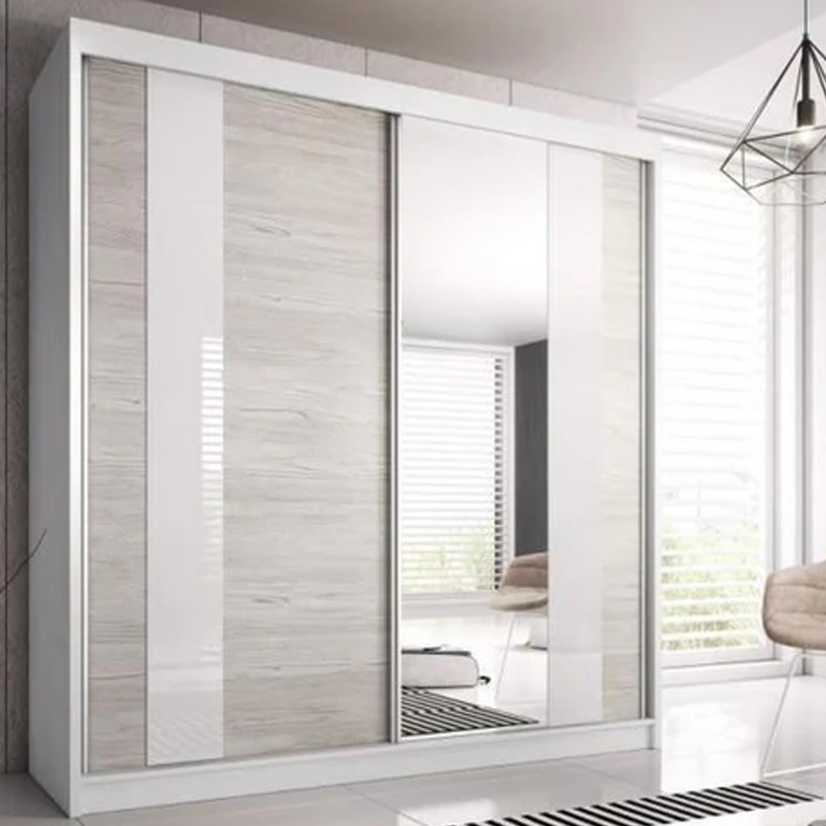MONIS 2 Door Mirrored Sliding Wardrobe White Matt - 203cm