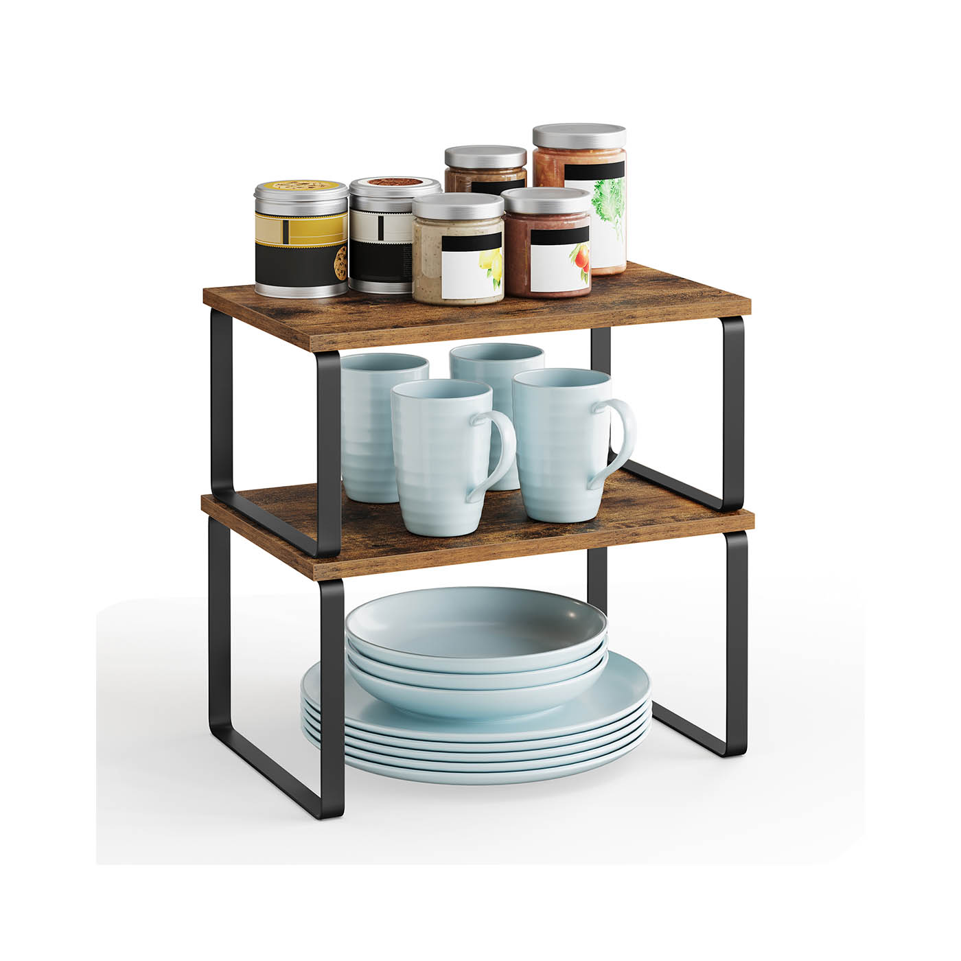 Cupboard Shelf Organiser - GRADA Set of 2 Rustic Brown and Black - Black and Rustic Brown