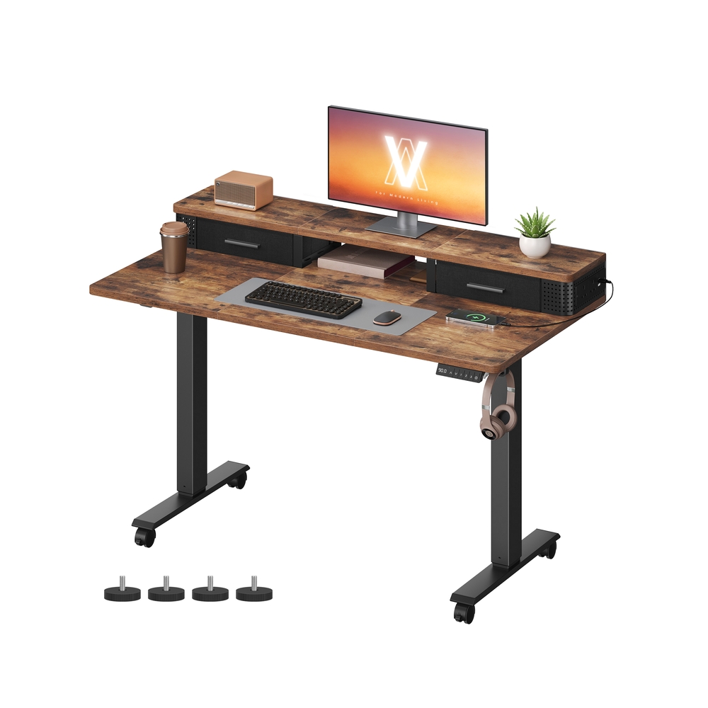 CELSEA Electric Office Standing Desk with Bult in Power Strip 120cm - Meduim Oak and Black