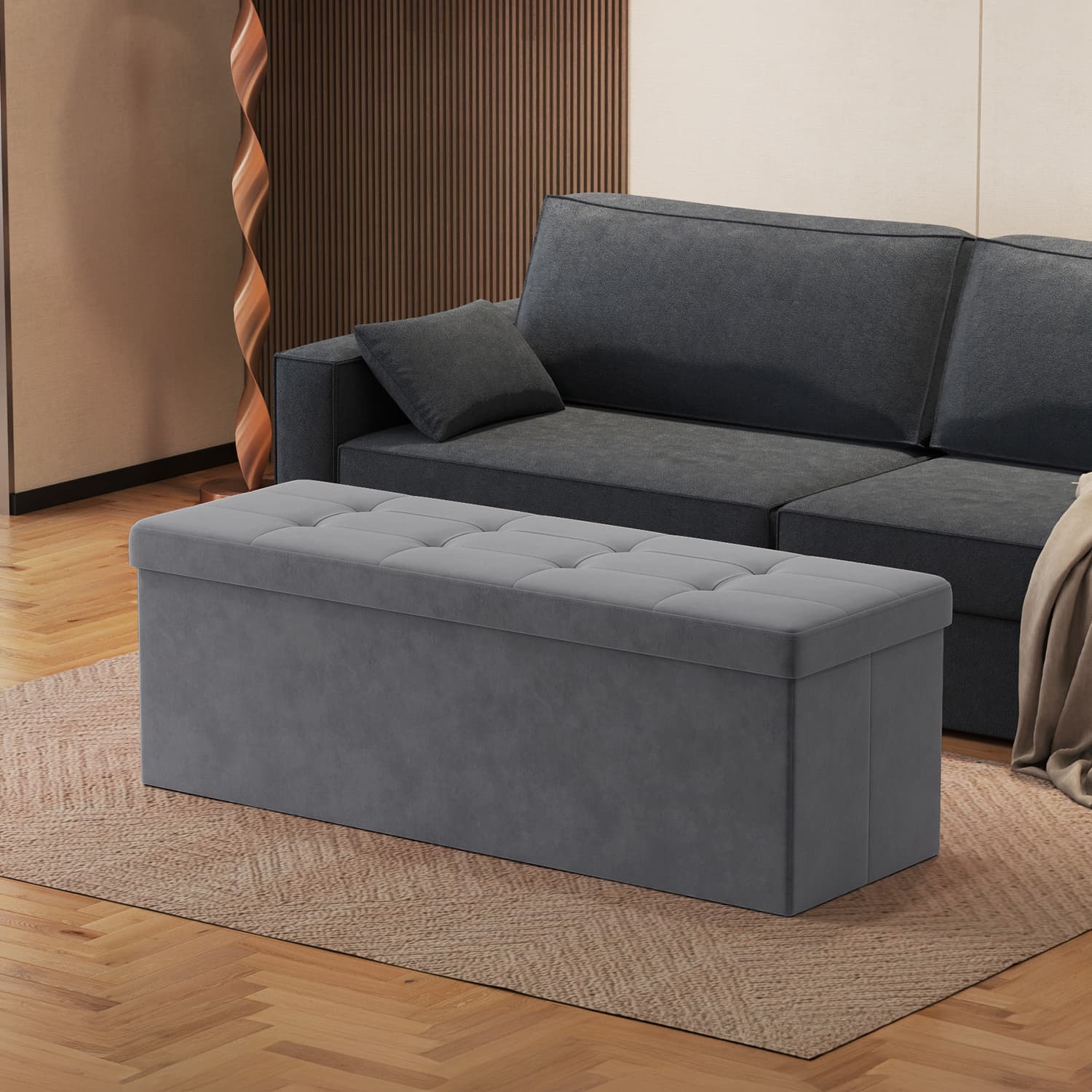 Ottoman Foot Rest - VIVRAH Foldable Storage Ottoman 38 x 110 x 38 cm - Grey