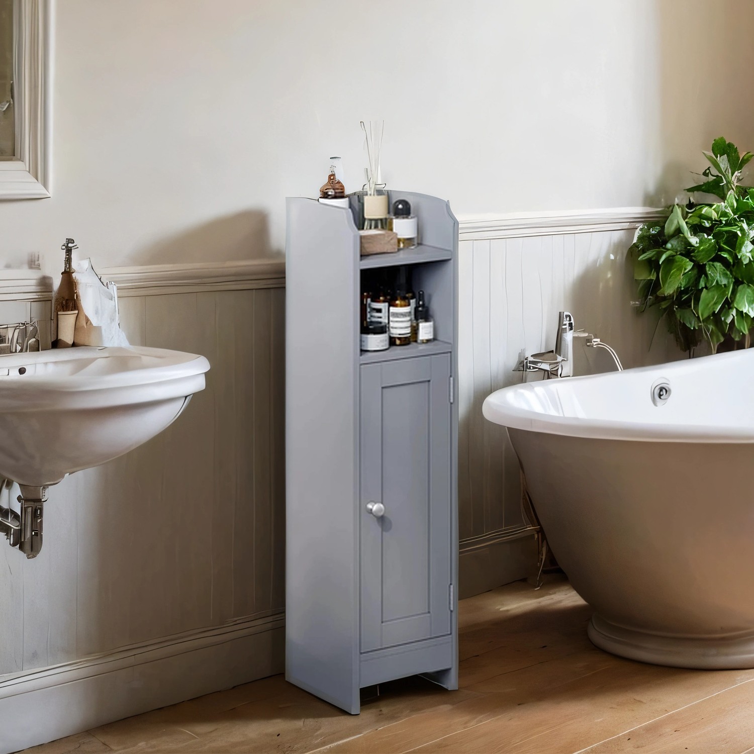 Bathroom Cabinet - MARDA Small Corner Floor Unit with Door and Adjustable Shelve - Grey