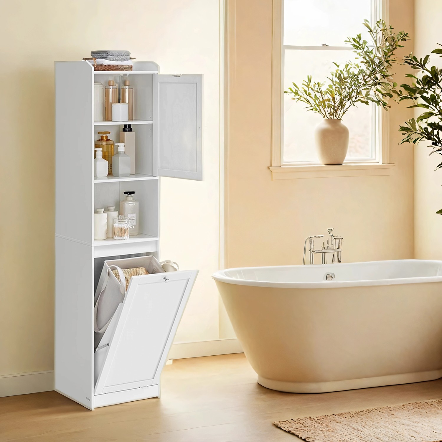 Tall Bathroom Cabinet - MARDA Storage Unit With Removable Laundry Basket and Handles - White