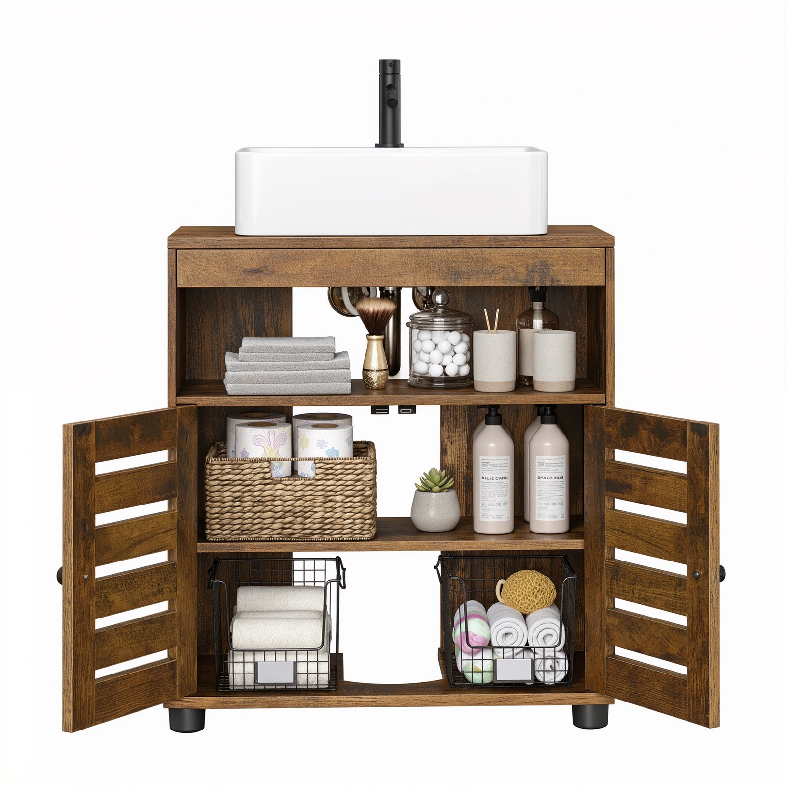 BRISTOWELL Bathroom Vanity unit with Adjustable Shelf and 2 Louvred Doors for Pedestal Sink - Brown