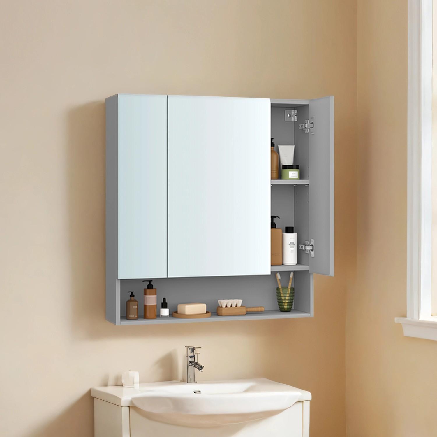 Bathroom Mirror Cabinet - MARDA Wall Mounted with Mirror - Dove Grey