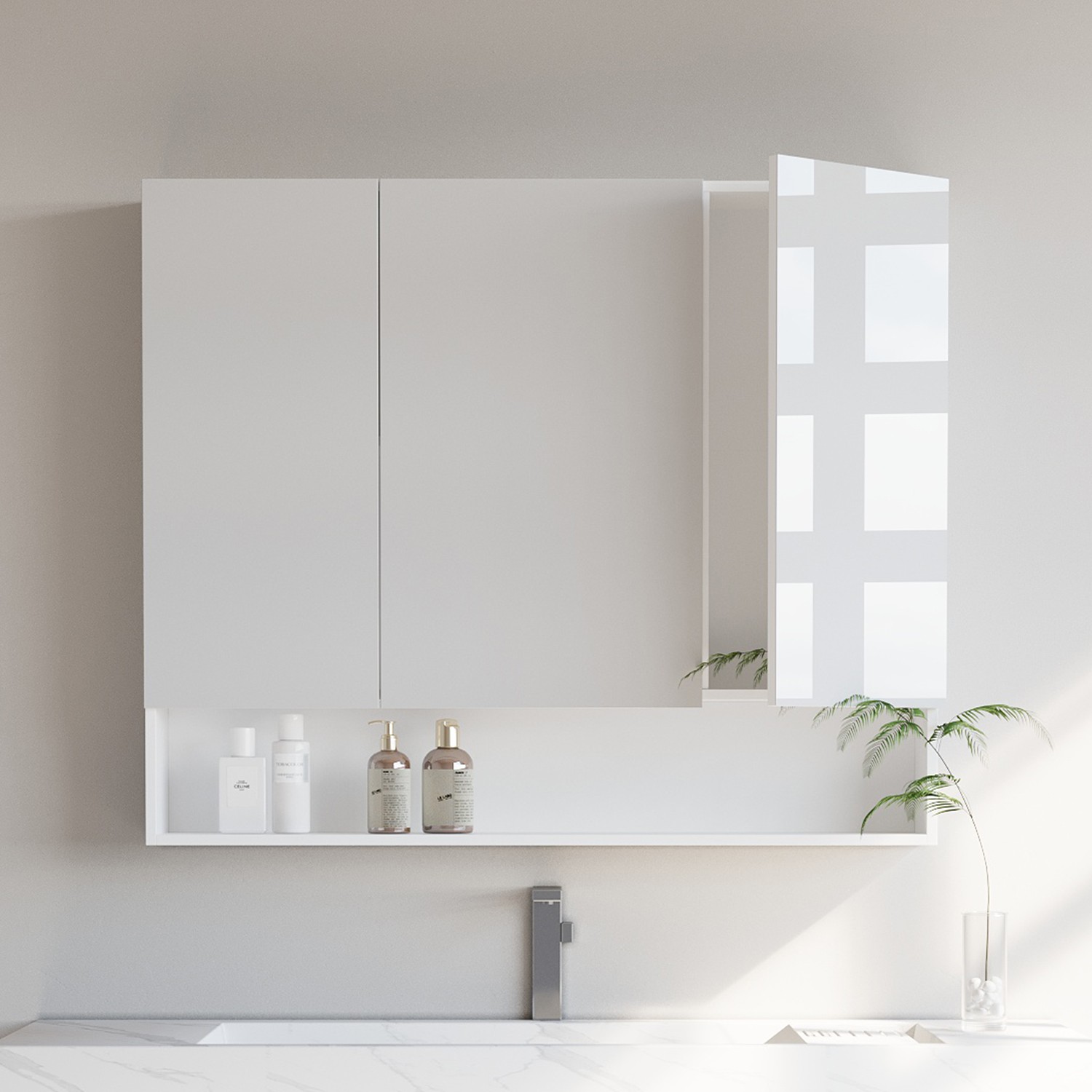 Bathroom Mirror Cabinet - MARDA 90cm Wide with Shelf - White
