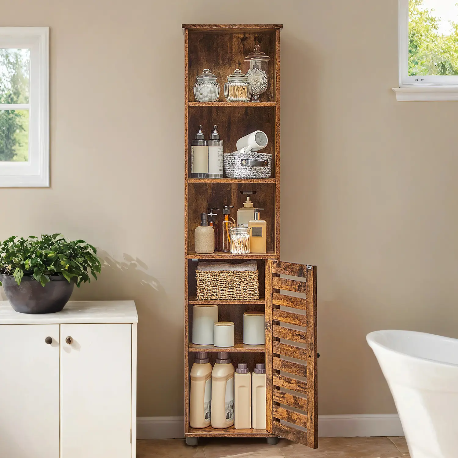 Tall Bathroom Cabinet - MARDA Floor Storage Rustic Brown