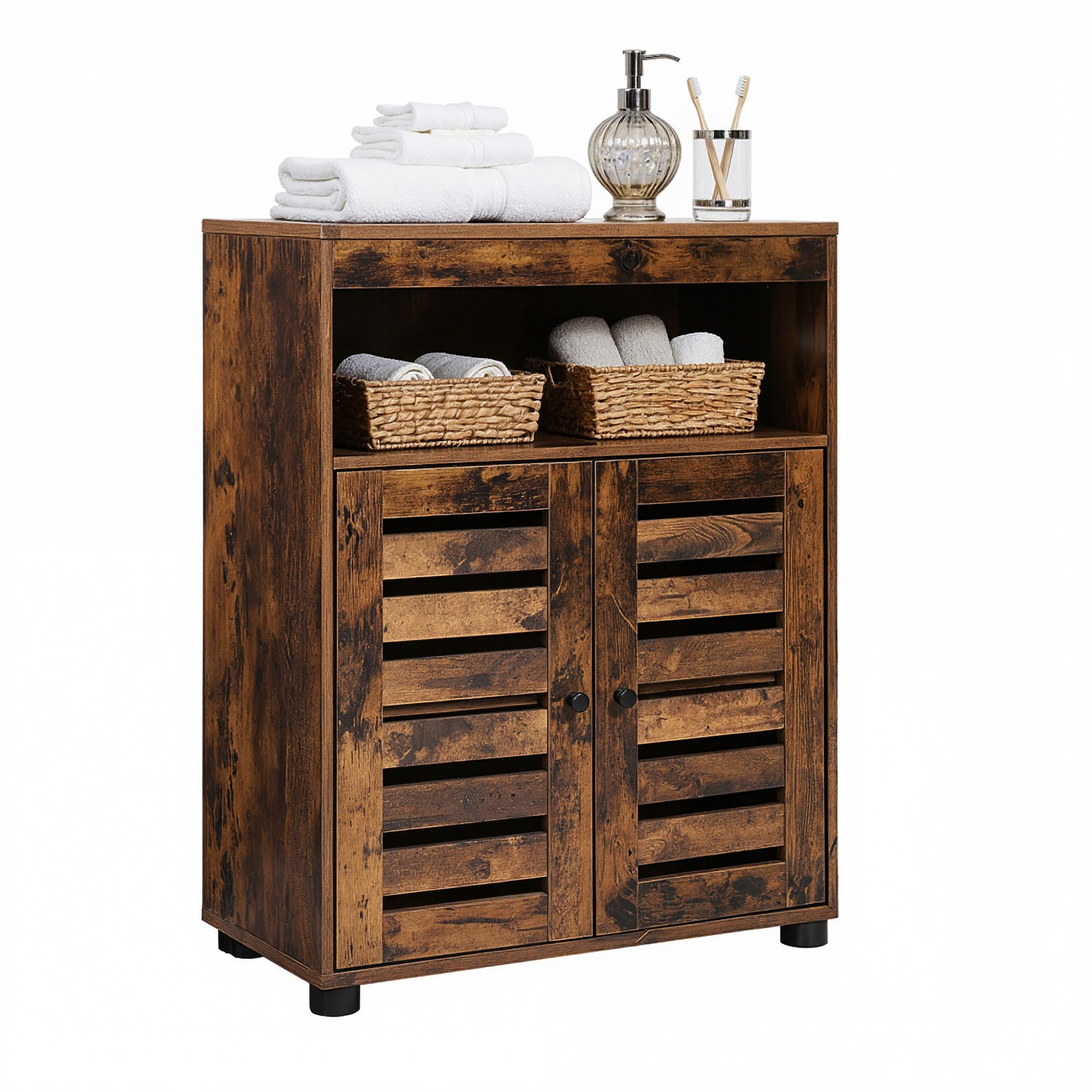 BRIARSTEAD 4 Tier Bathroom Cabinet with Adjustable Board, Louver Doors and Compartments - Brown