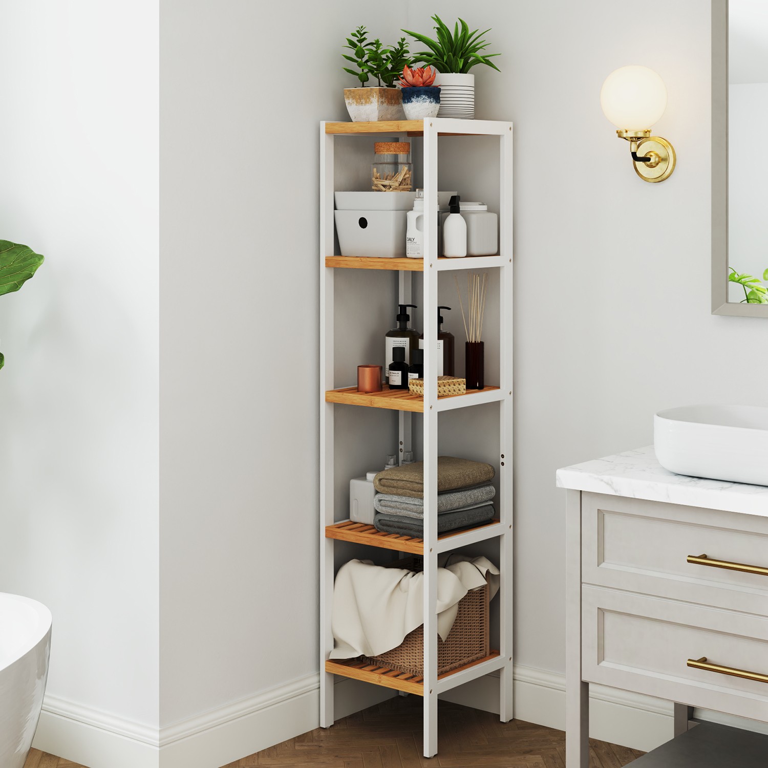 Bathroom Shelf - MARDA Bamboo 5 Tier Freestanding Narrow Storage - White Beige