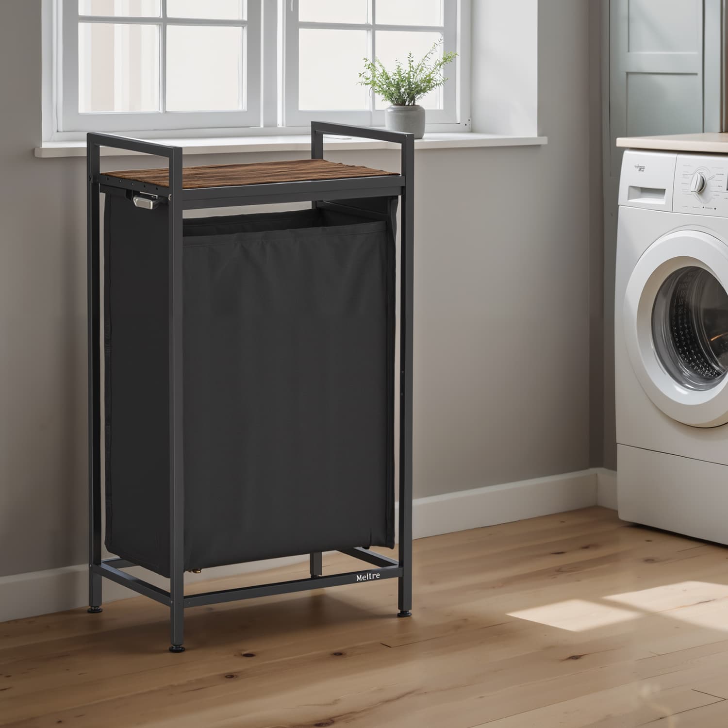 Laundry Hamper - MARDA Basket 47L Pull Out Liner and Shelf - Dark Wood