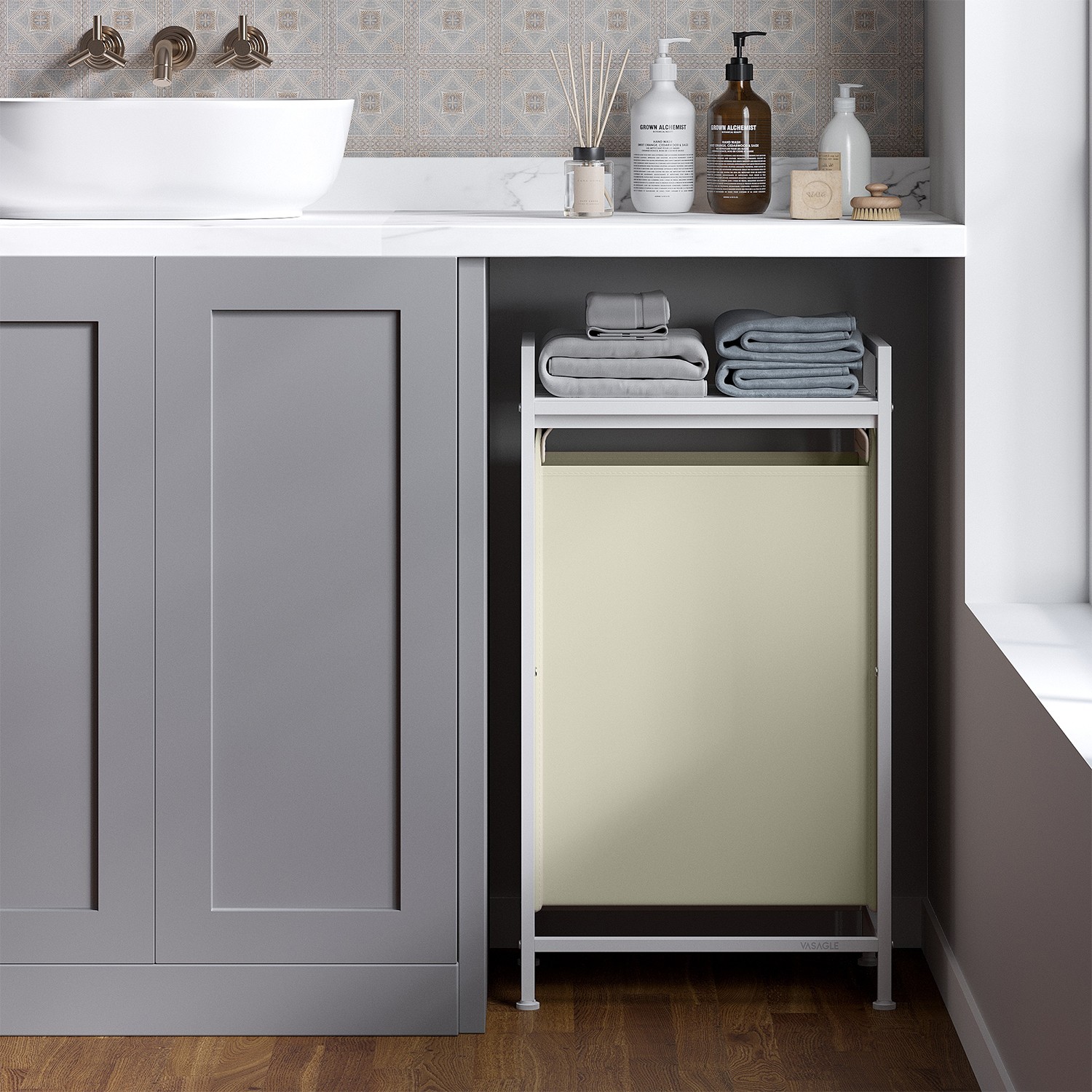 Laundry Hamper - MARDA Basket Sorter Pull Out Liner Shelf - White