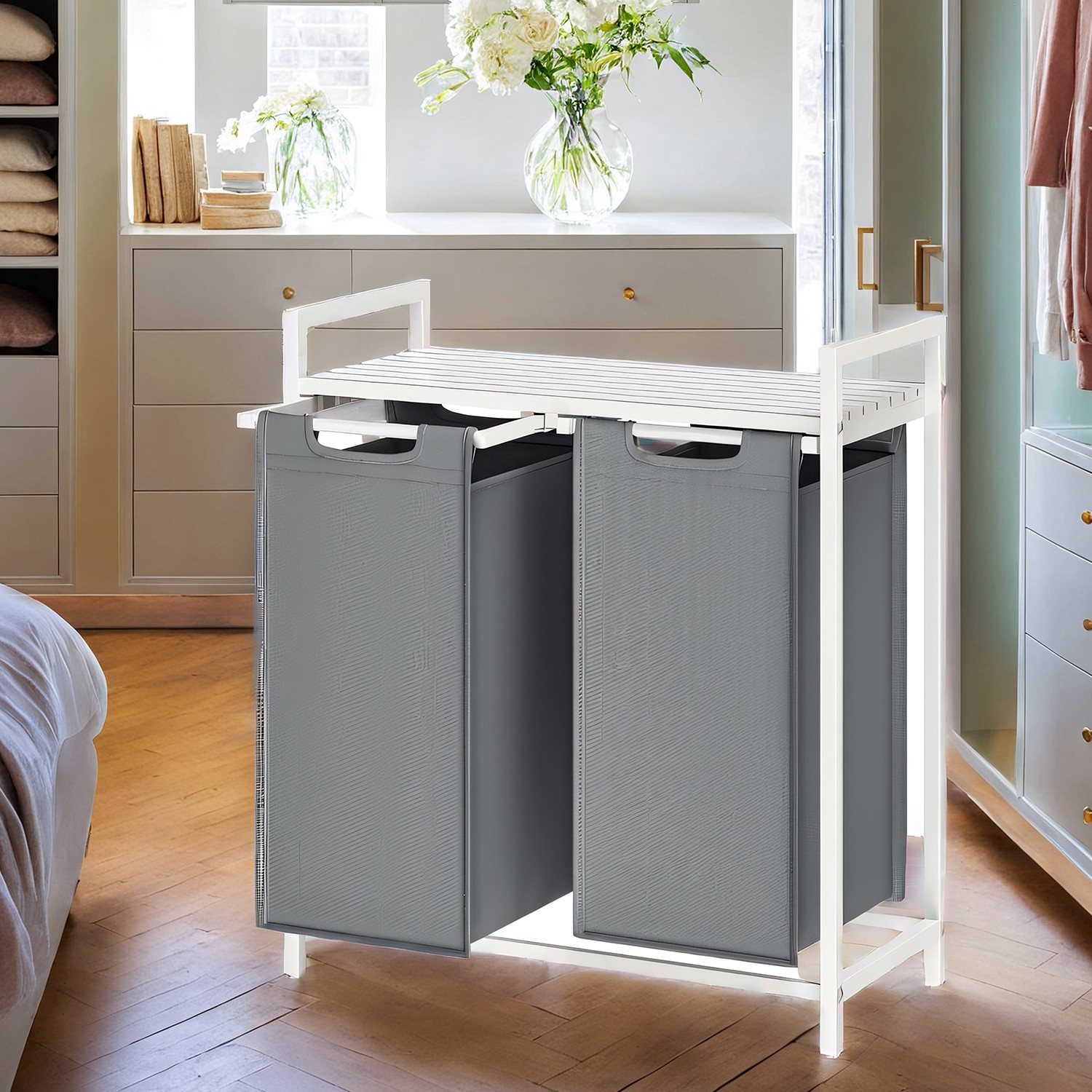 Laundry Sorter - MARDA 2 Removable Bags Metal Frame - White Grey