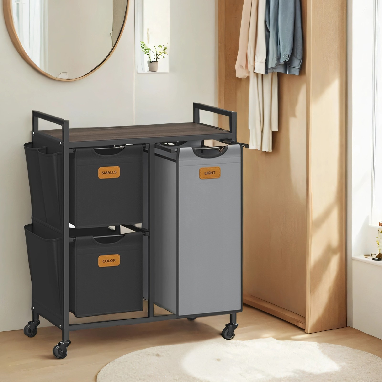 Laundry Hamper - MARDA 3 Compartment 100L Cart with Shelf - Chestnut Brown