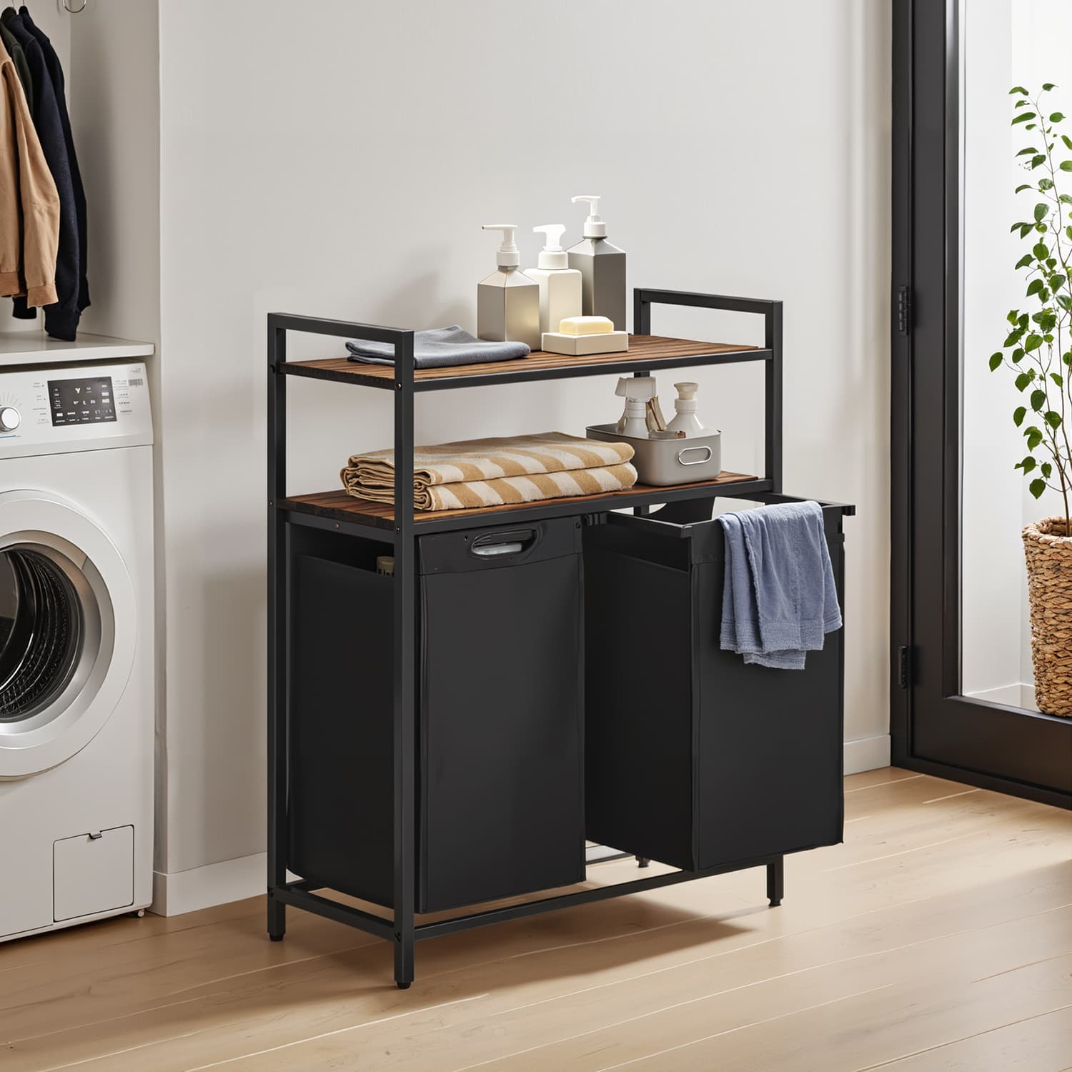 Laundry Hamper - MARDA Sorter Rustic Brown with 2 Pull Out Bags and 2 Shelves - Rustic Brown
