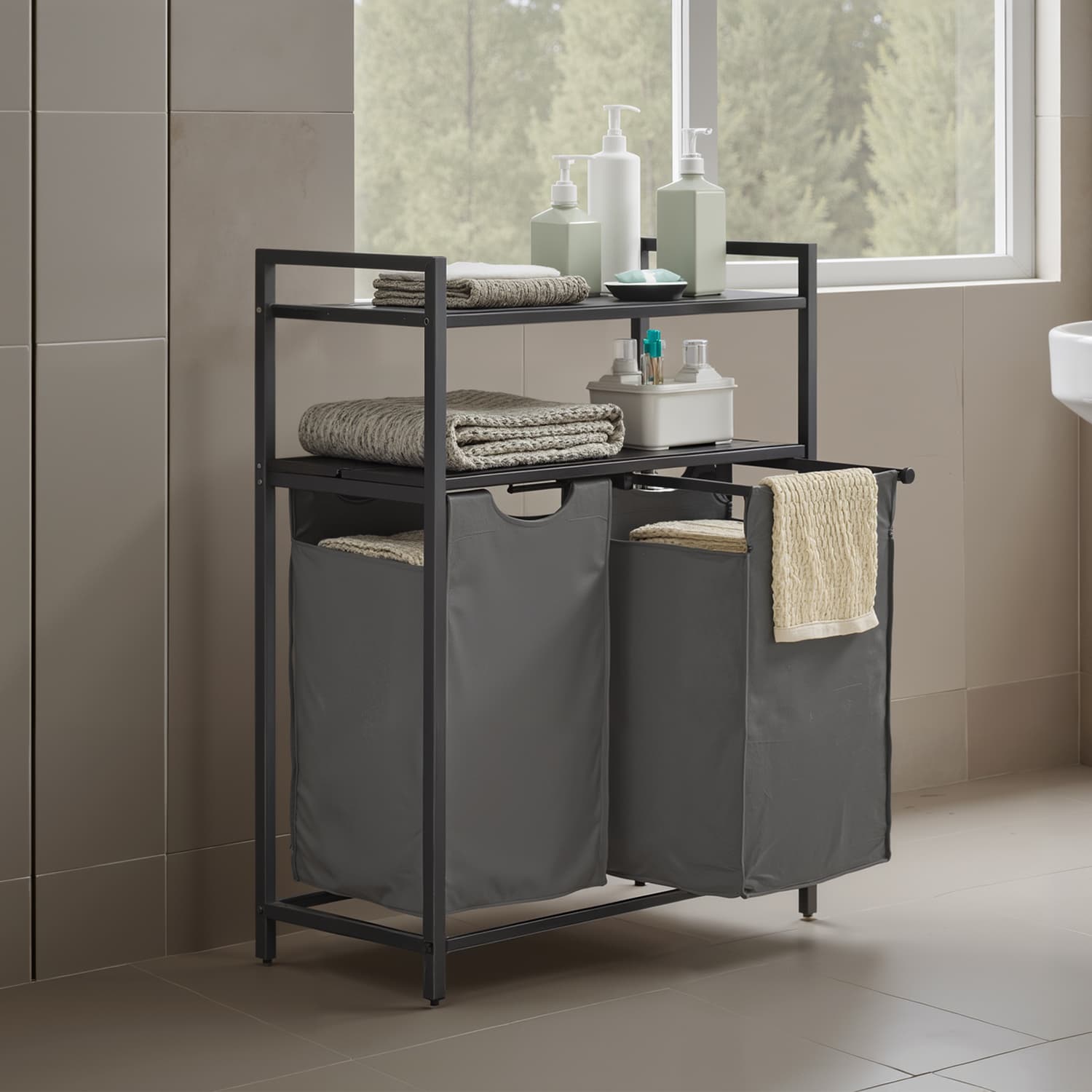 Laundry Hamper - MARDA Sorter with 2 Pull Out Bags and 2 Shelves - Grey