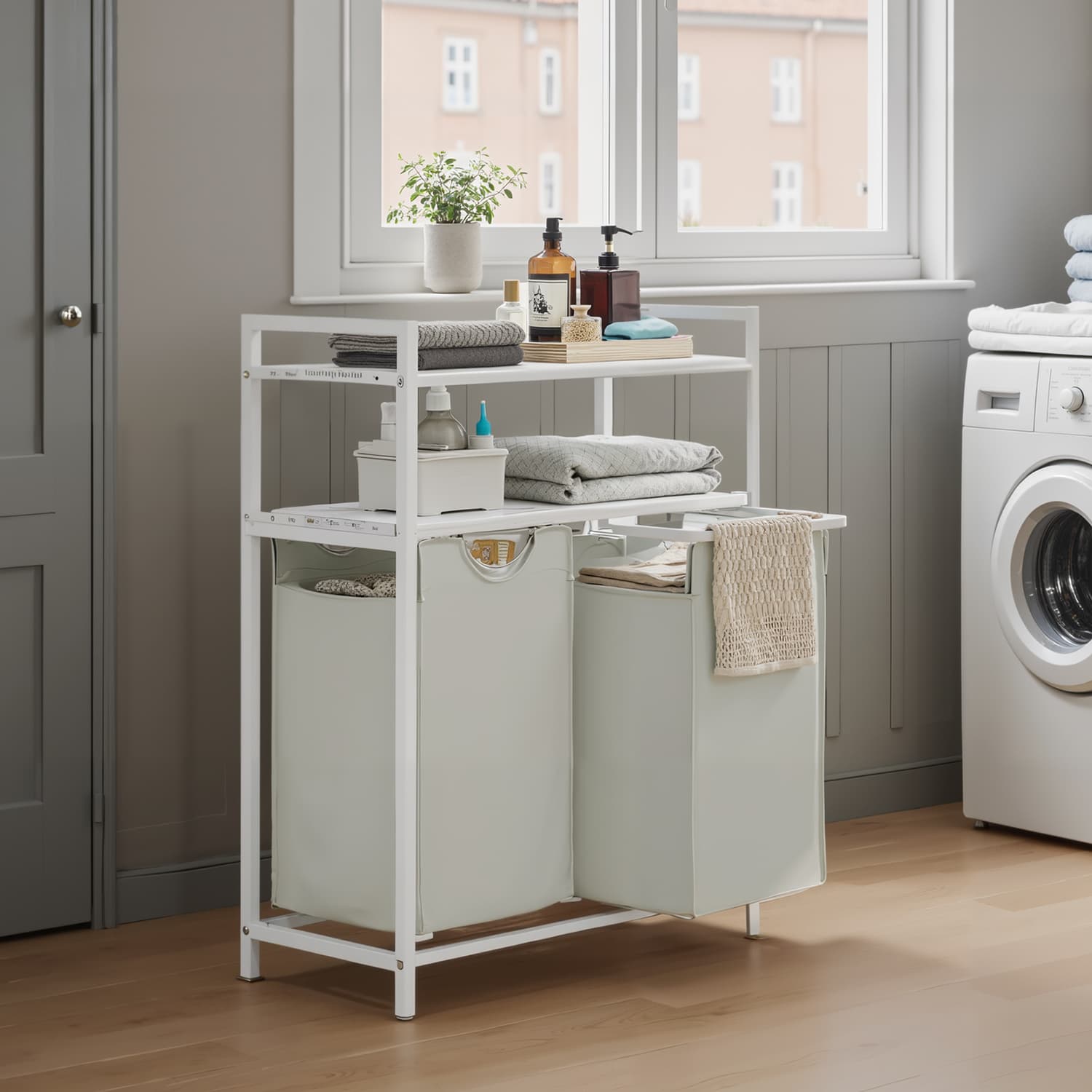 Laundry Hamper - MARDA Sorter with 2 Pull Out Bags and 2 Shelves - White