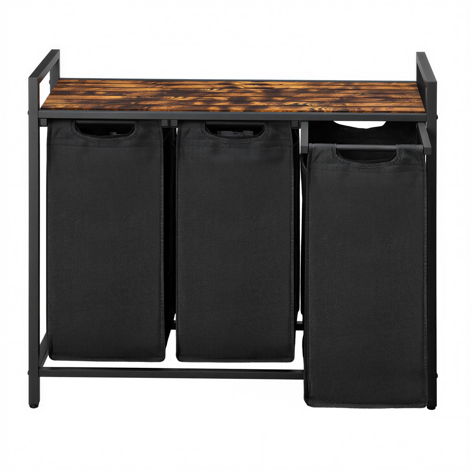 BROCKWELLN 3 Section Metal Laundry Basket with Removable Liner Bags - Medium Oak with Black