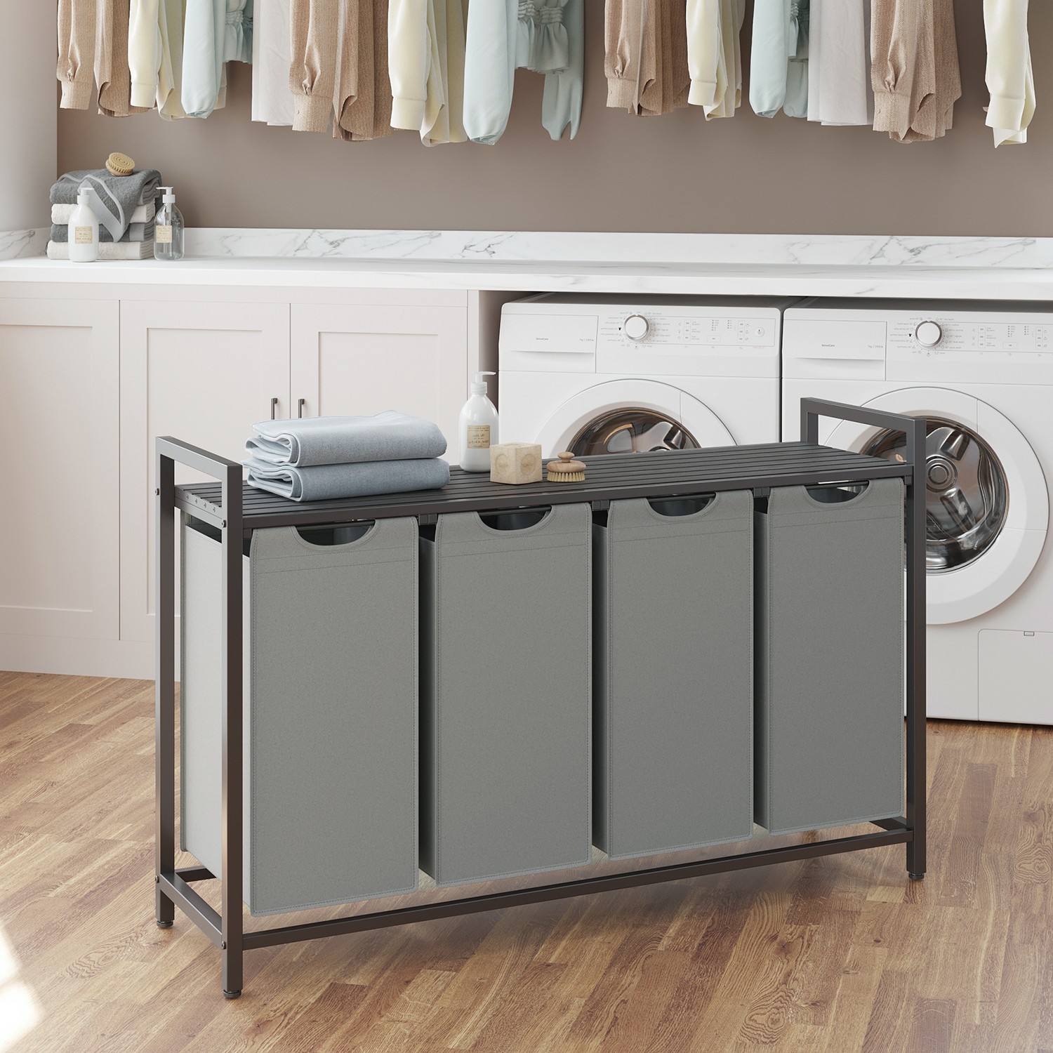 Laundry Sorter - MARDA 4-Section Pull Out Basket with Removable Bags - Grey