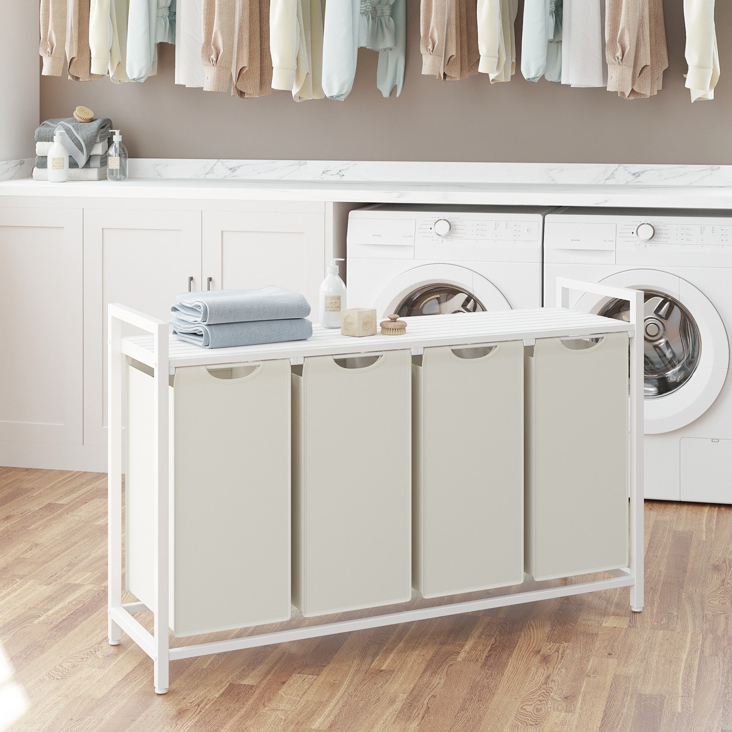 Laundry Sorter - MARDA 4-Section Pull Out Basket with Removable Bags - White