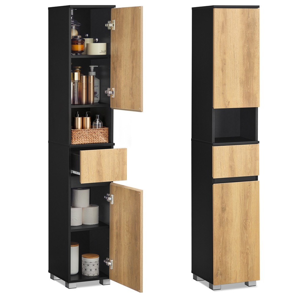 ASNYBU Tall Bathroom Storage Cabinet - Ink Black and Natural Brown
