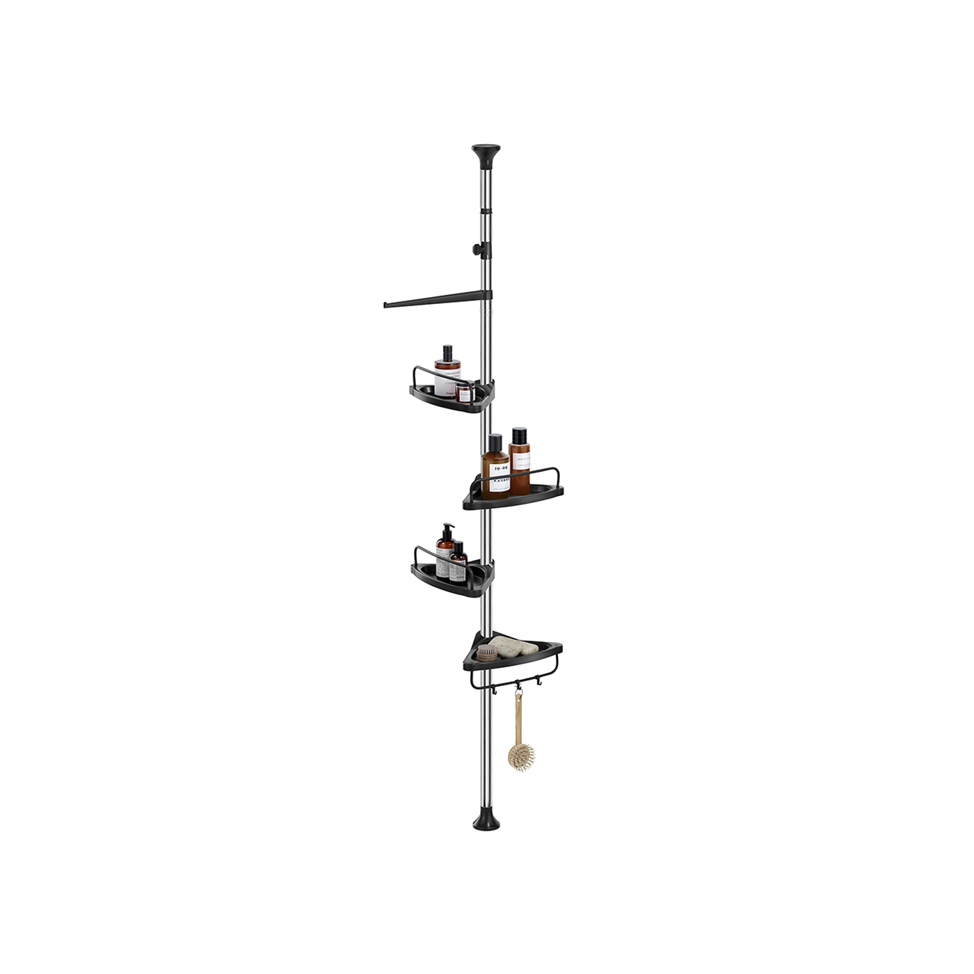 Shower Caddy - FINVAS Adjustable Stainless Steel Corner Shelf with 4 Tiers, Hooks and Towel Bar - Silver and Black