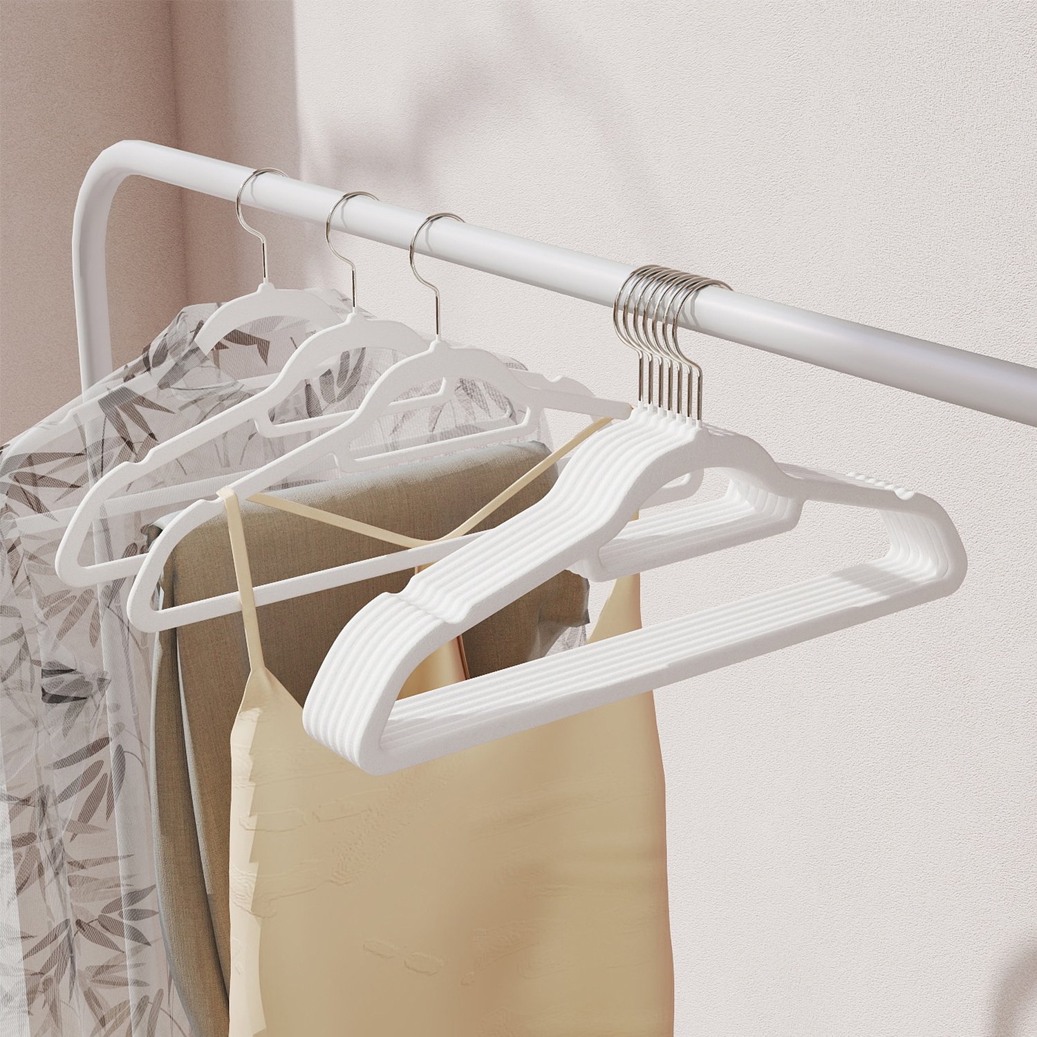 Velvet Hangers - SOLRO Set of 50 Non-Slip Hangers with Silver Swivel Hook - White