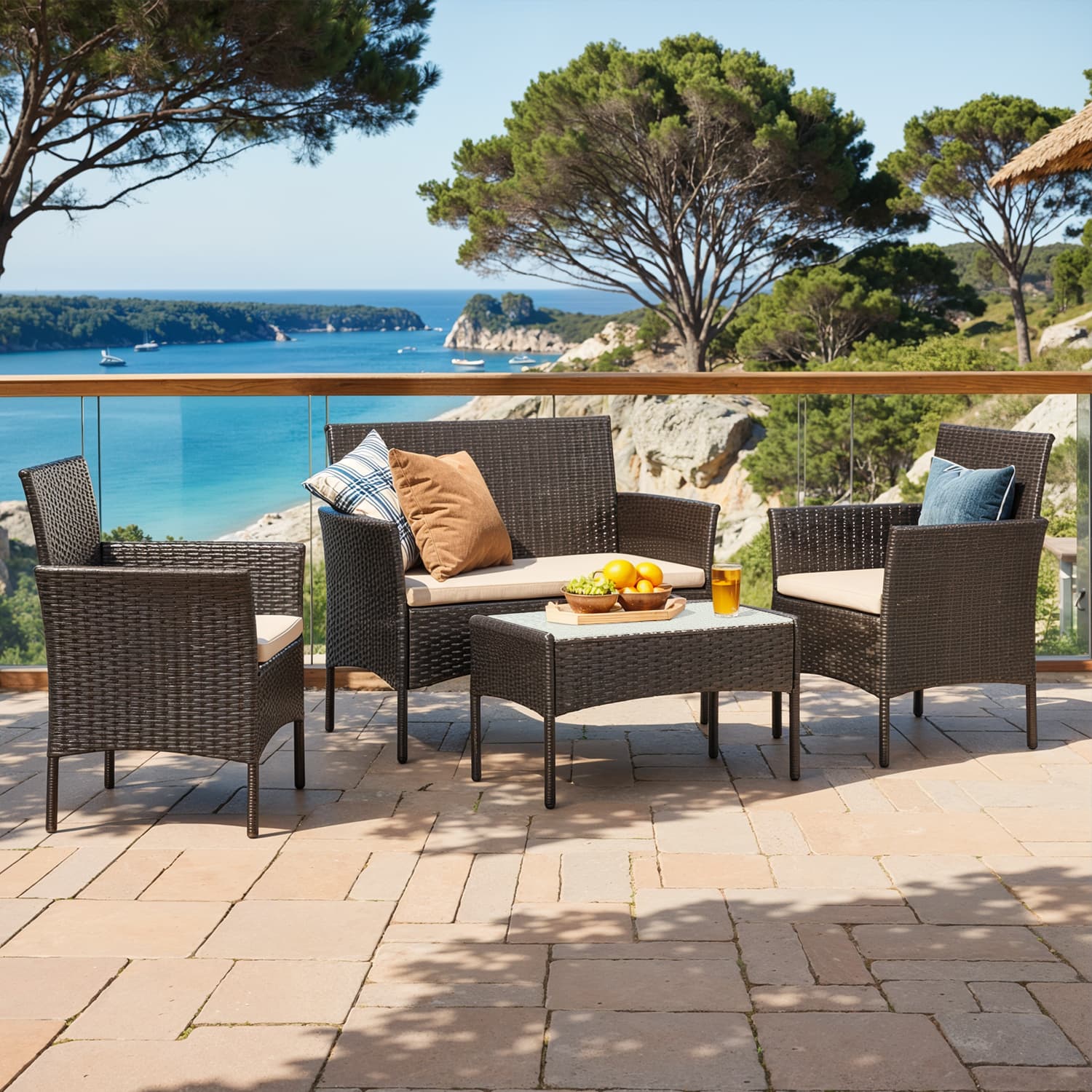 Garden Furniture Set - FIORIA Polyrattan Conversation Set for Patio Terrace - Brown