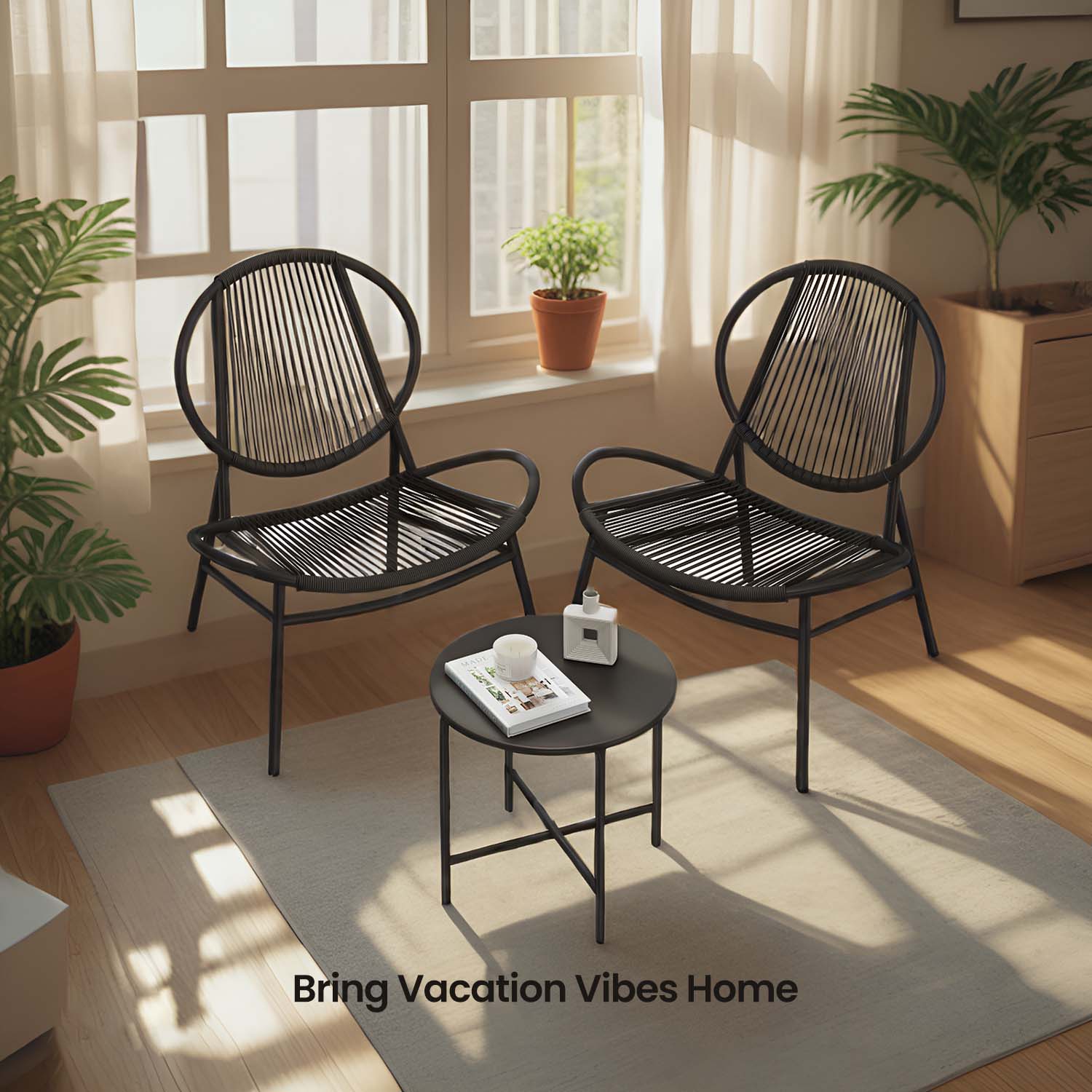 Garden Furniture Set - FIORIA 3 Piece Outdoor Bistro Set with 2 Acapulco Chairs and Side Table - Black