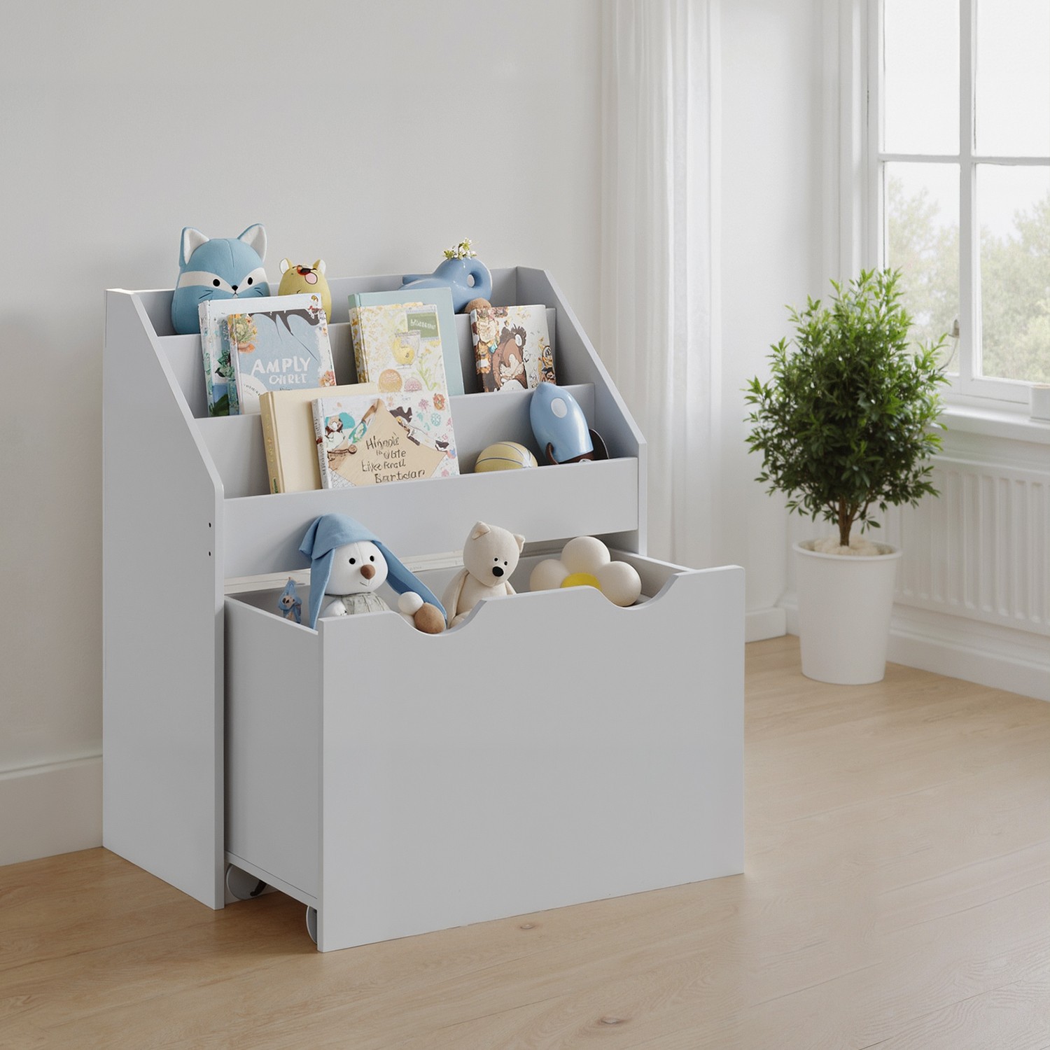 Toy Storage Rack - FIORIA Kids Bookshelf and Organiser with 3 Shelves - Light Grey