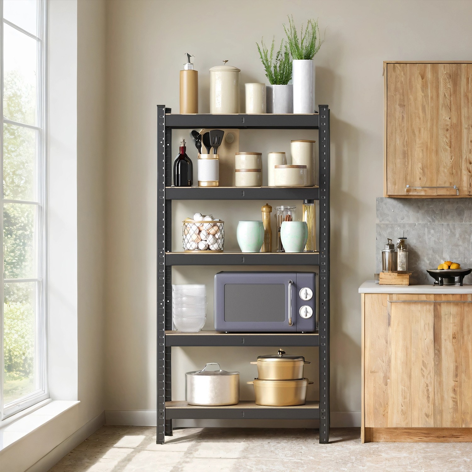Shelving Unit - FIORIA 5 Tier Steel Storage 650 kg Load Capacity - Black