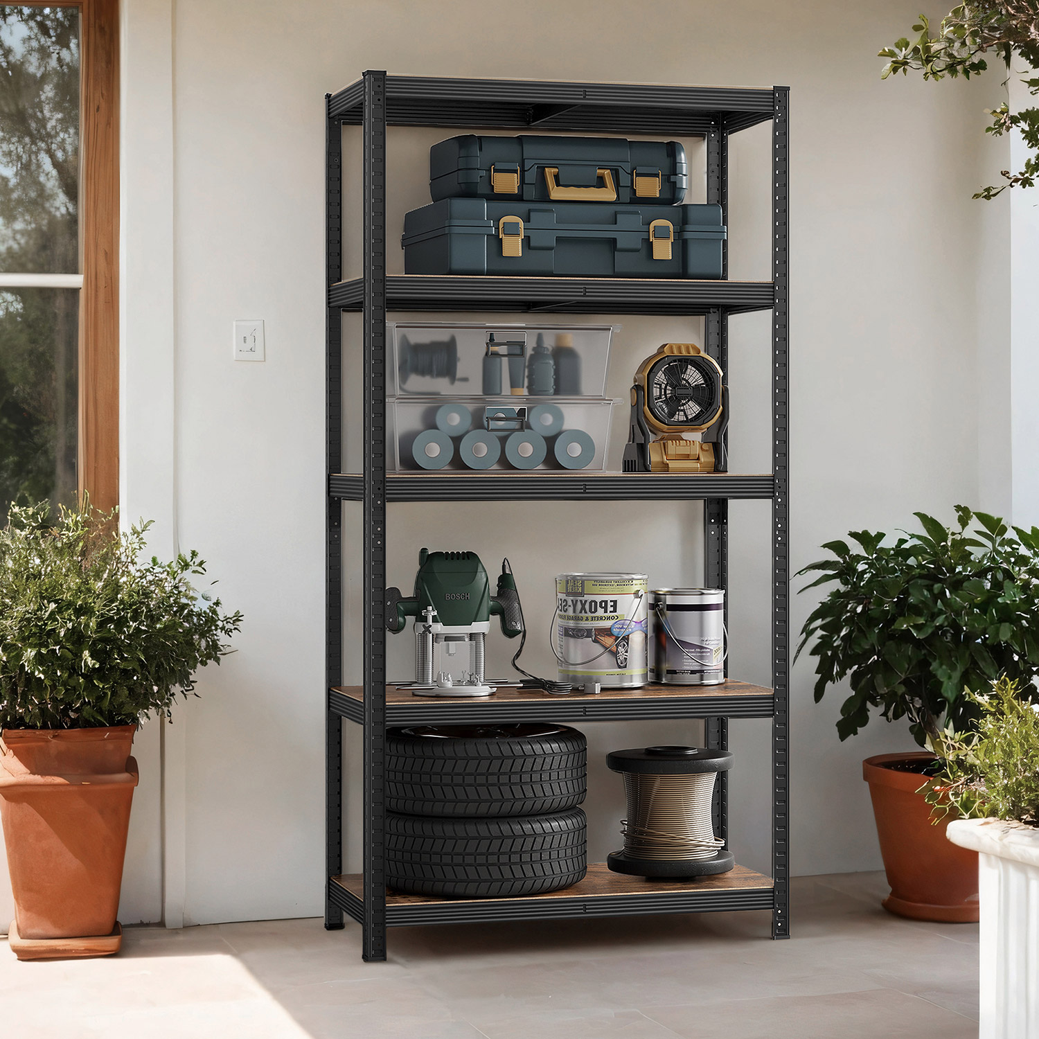 Shelving Unit - FIORIA 5 Tier Steel Storage - Black