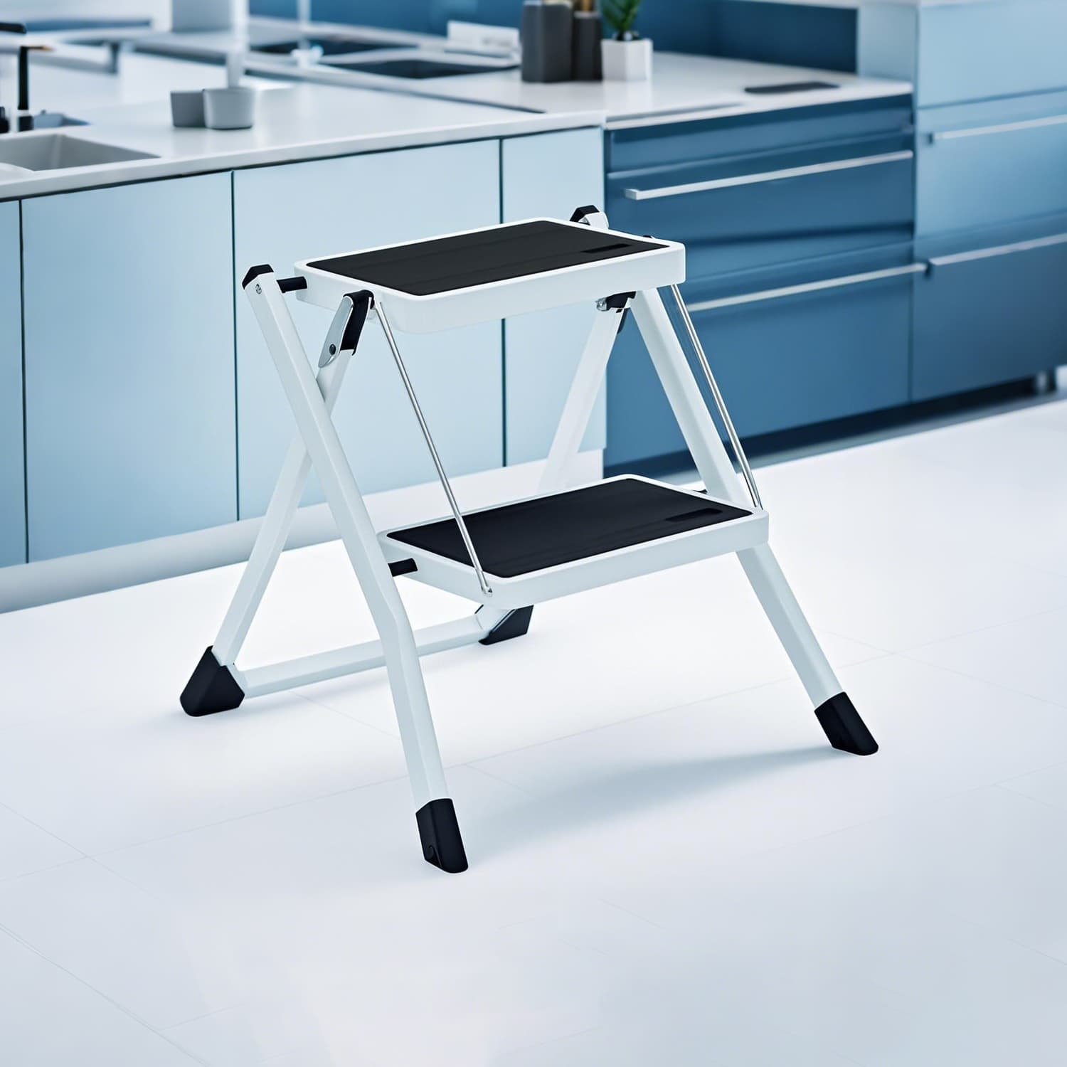 Ladder - FIORIA Folding 2-Step Safety Lock, Non-Slip Treads - White