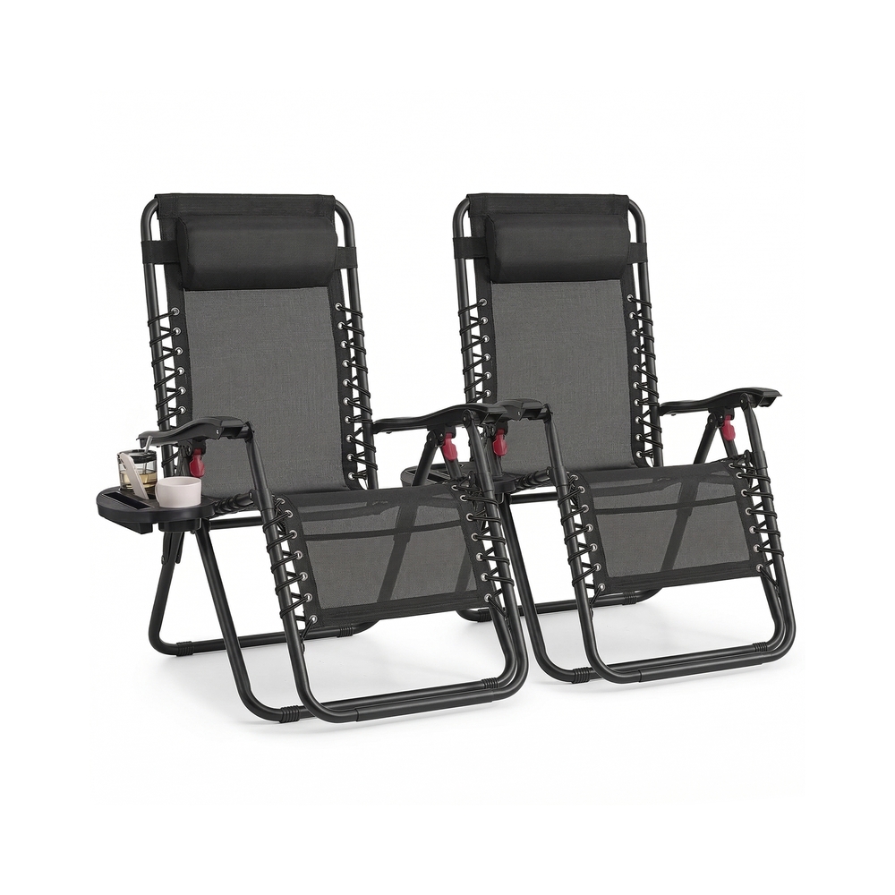 ELDFELL Set of 2 Folding Zero Gravity Reclining Chairs with Tray and Adjustable Headrest - Black