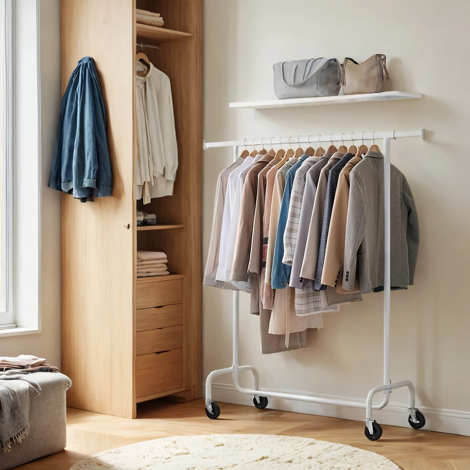 Clothes Rack - TARVA Heavy Duty Rack with Wheels and Extendable Rod - White