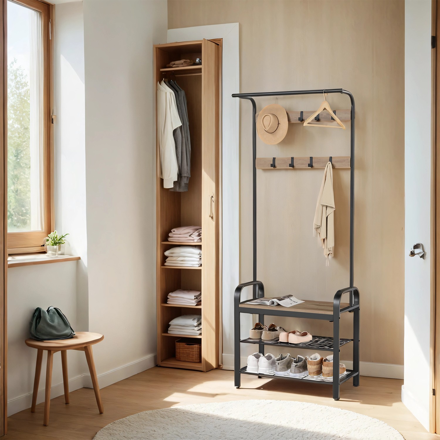 Coat Rack - TARVA 4-in-1 Stand with Shoe Storage Bench - Camel Brown