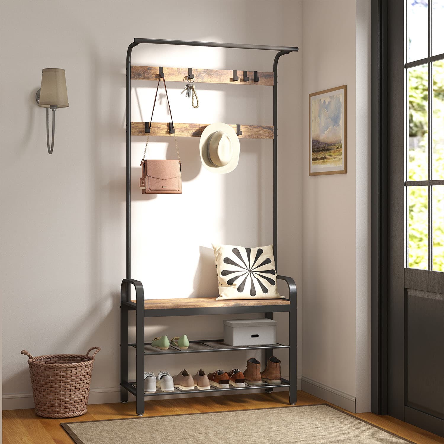 Coat Rack - TARVA Hall Tree with Shoe Bench Entryway Rustic Brown