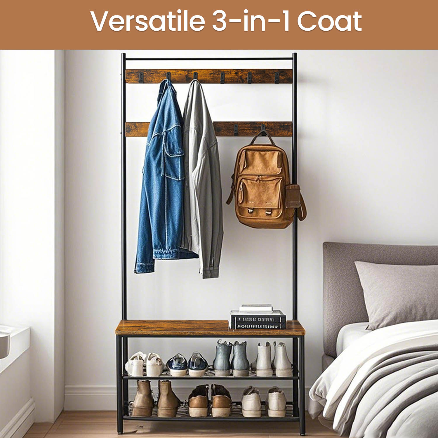 Coat Rack - TARVA Hall Tree Shoe Storage Bench Rustic Brown