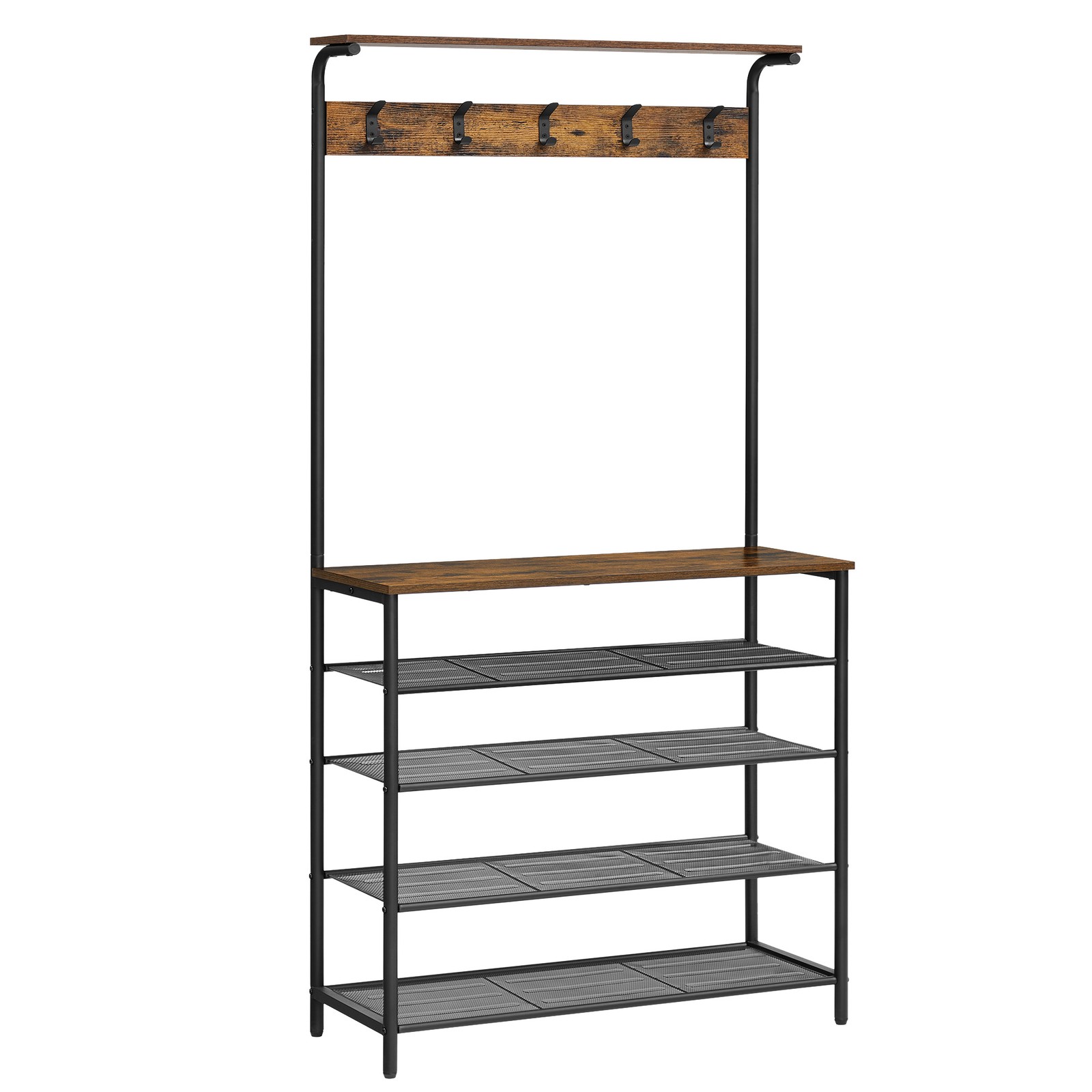 BEDYDY Hall Tree with Shoe Storage - Rustic Brown and Black