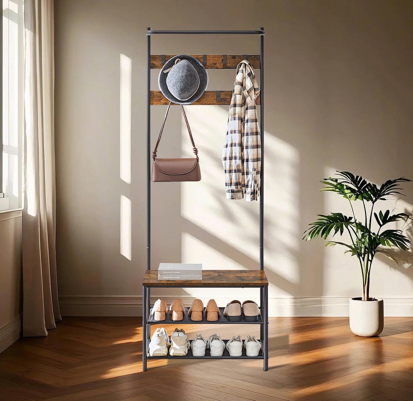 Hall Tree - TARVA Entryway Bench Coat Rack Shoe Storage - Brown