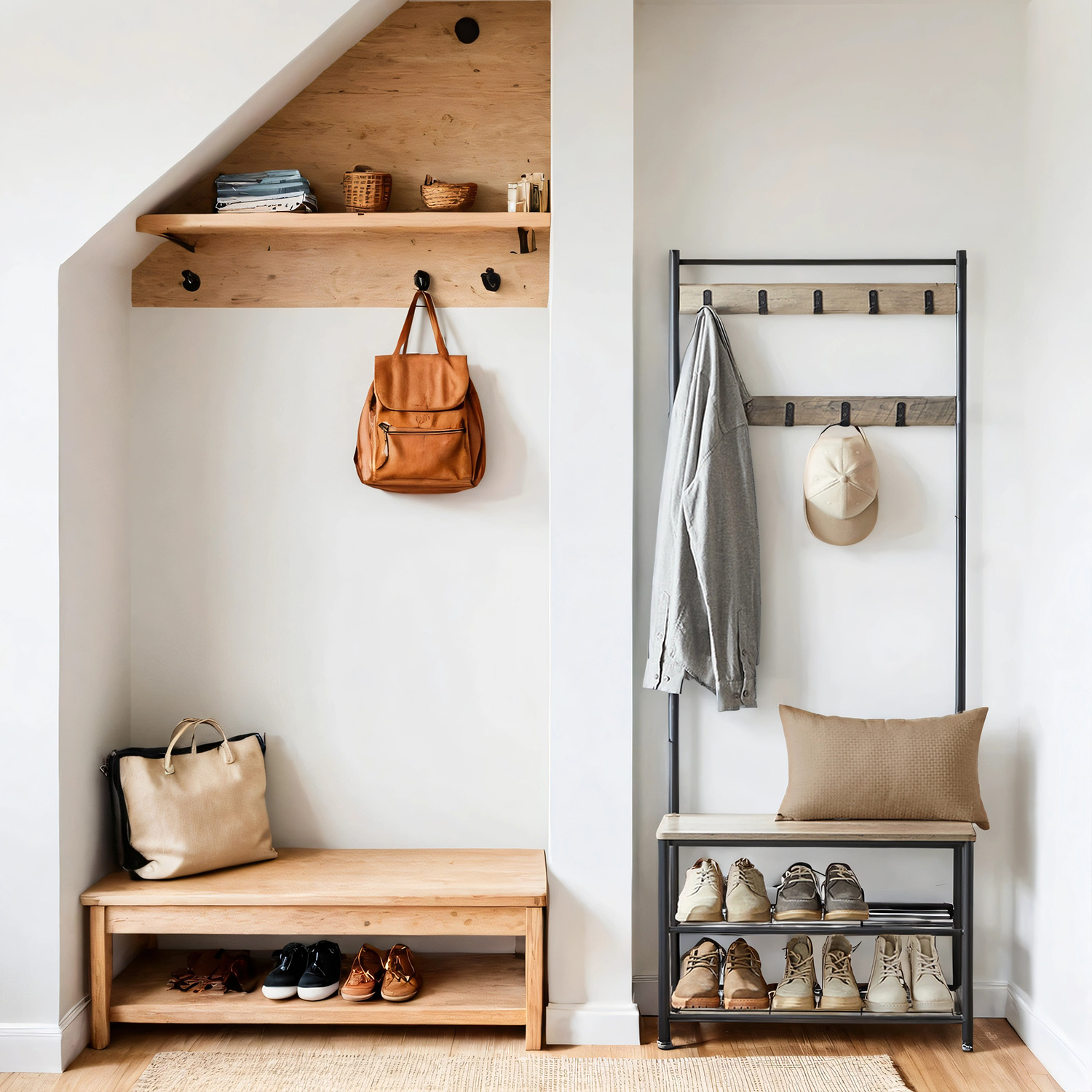 Coat Rack - TARVA Hall Tree Shoe Storage Bench - Light Grey
