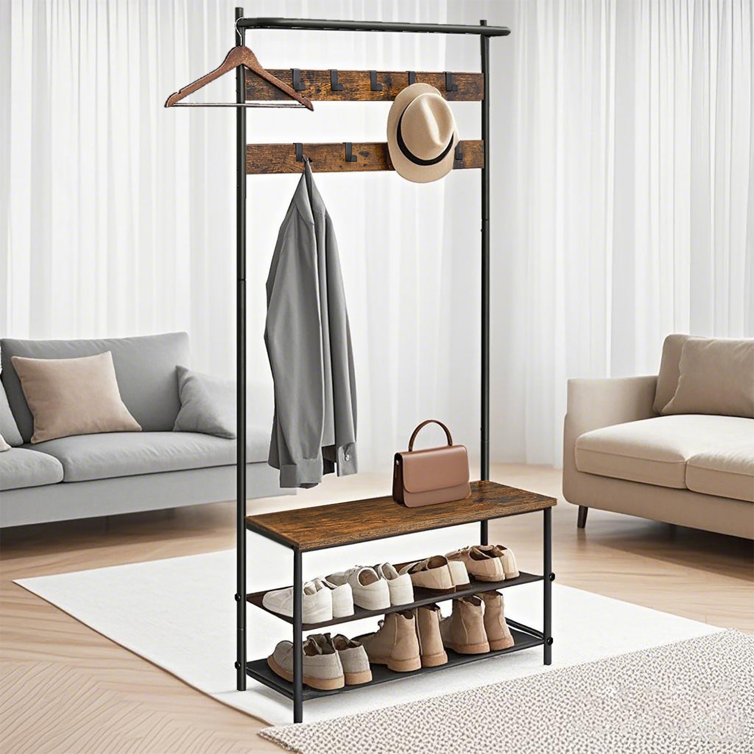 Hall Tree - TARVA Entryway Bench Coat Rack Shoe Storage - Rustic Brown