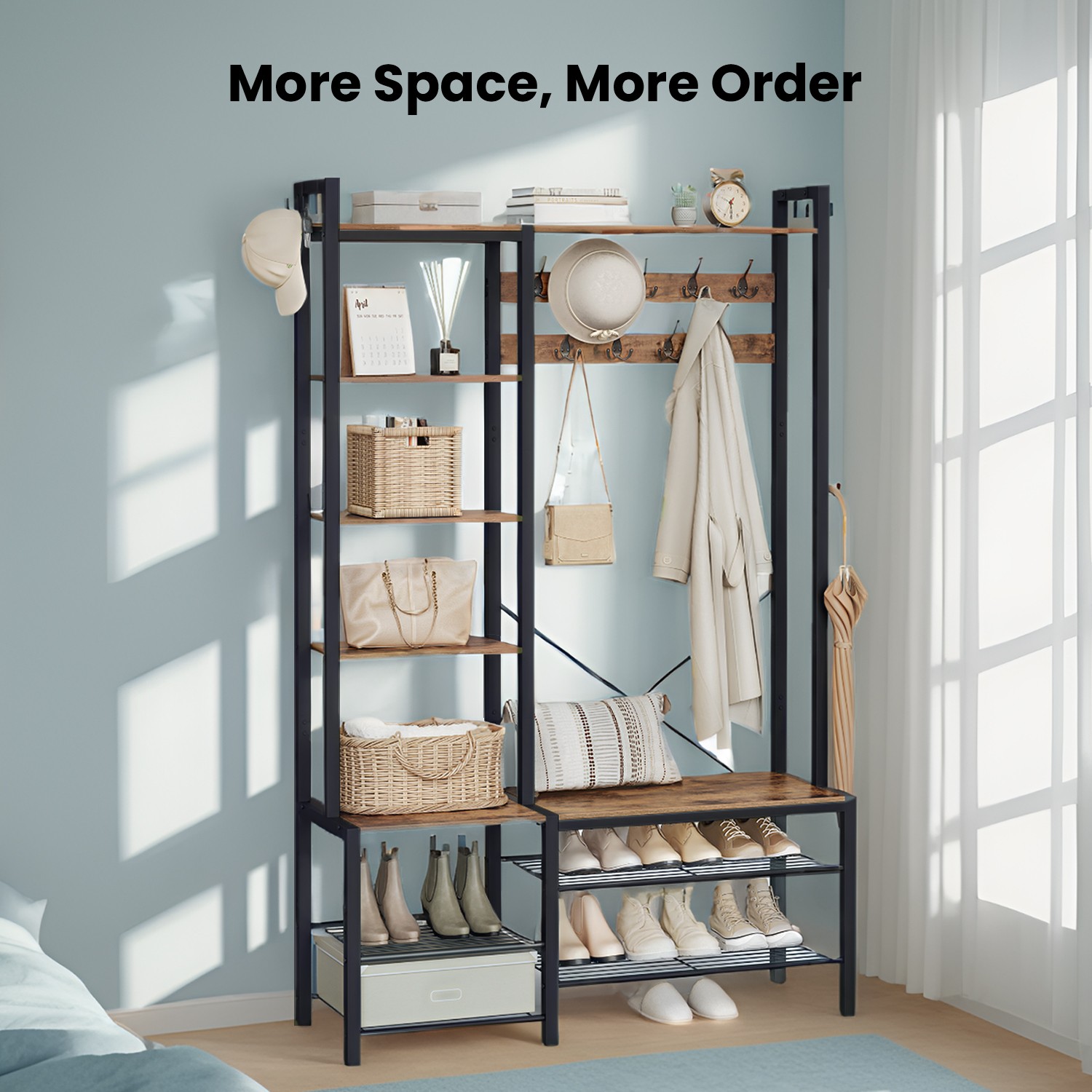 Hall Tree - TARVA Coat Rack Shoe Bench with 5 Shelves - Black