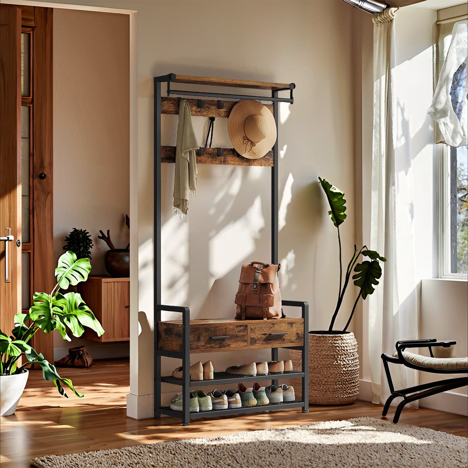 Hall Tree - TARVA Coat Rack Shoe Bench 30 x 80.4 x 181.6 cm - Brown