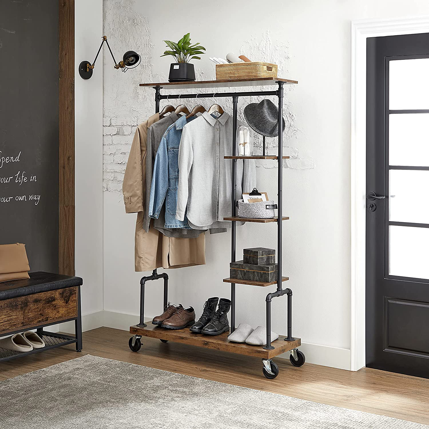 Clothes Rack - TARVA Mobile Clothing Rail on Wheels - Brown Black