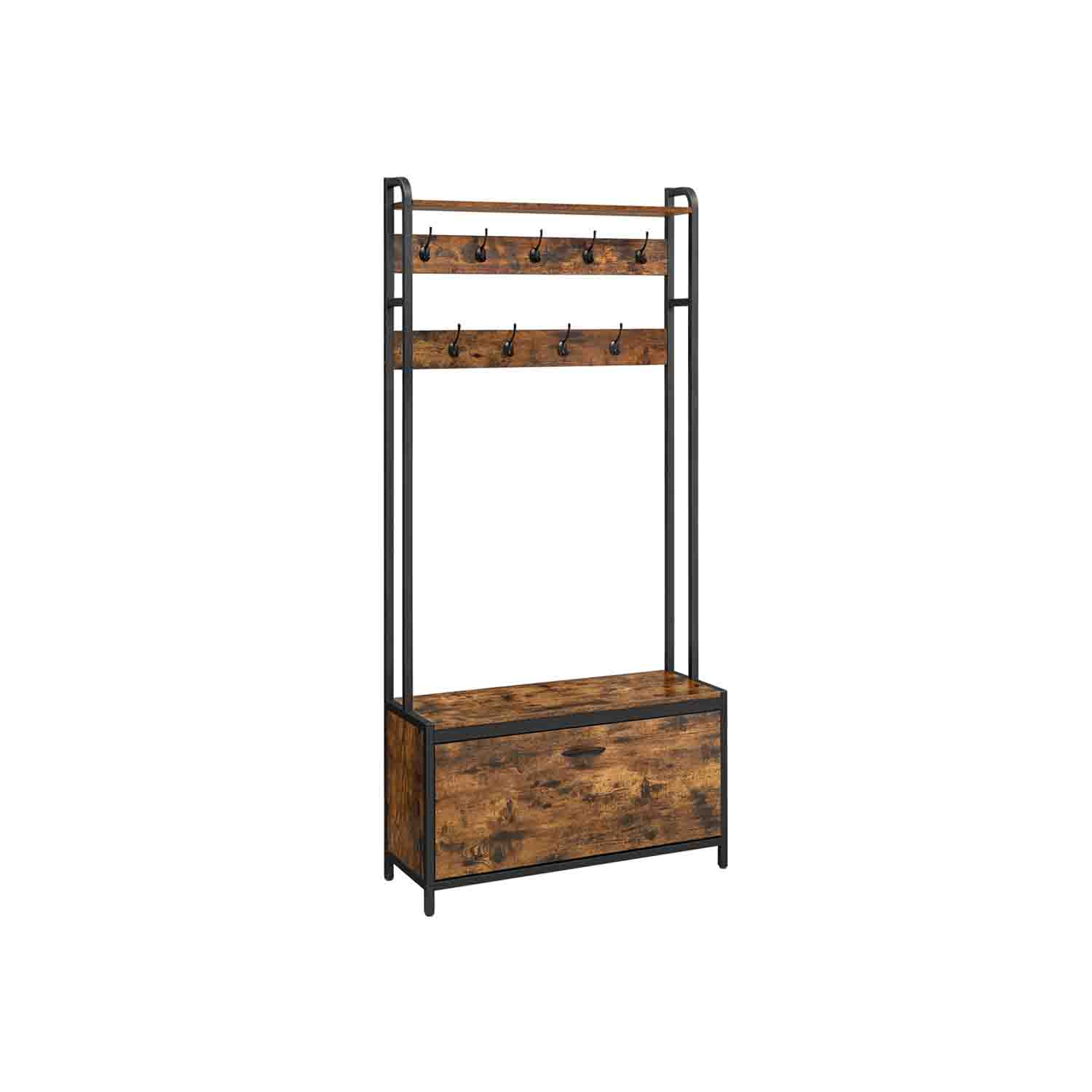 Coat Rack - VELRO Shoe Storage Bench with 9 Hooks and Top Shelf - Rustic Brown