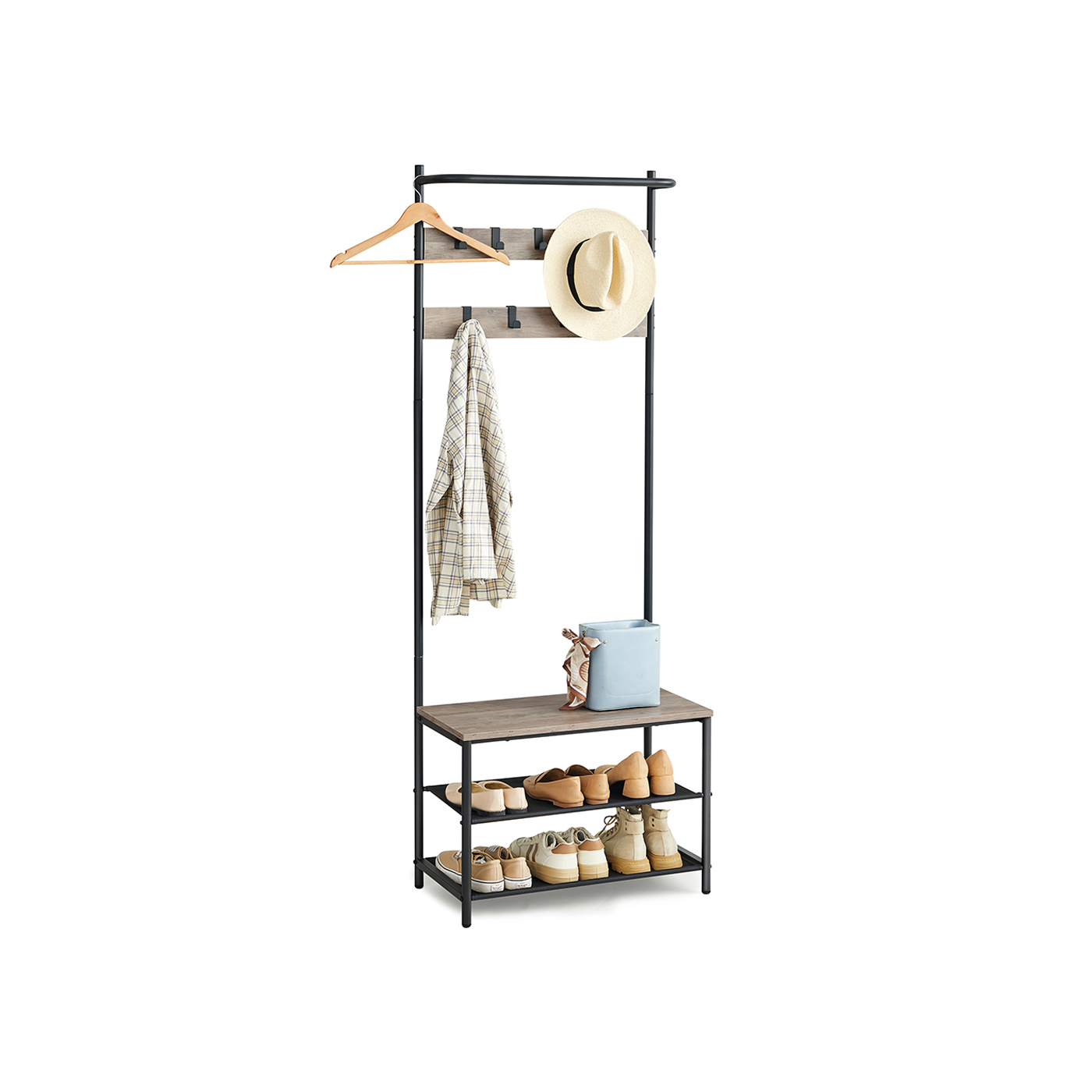 Hall Tree - VELRO Industrial Shoe Bench with 9 Hooks and Overhead Bar - Black