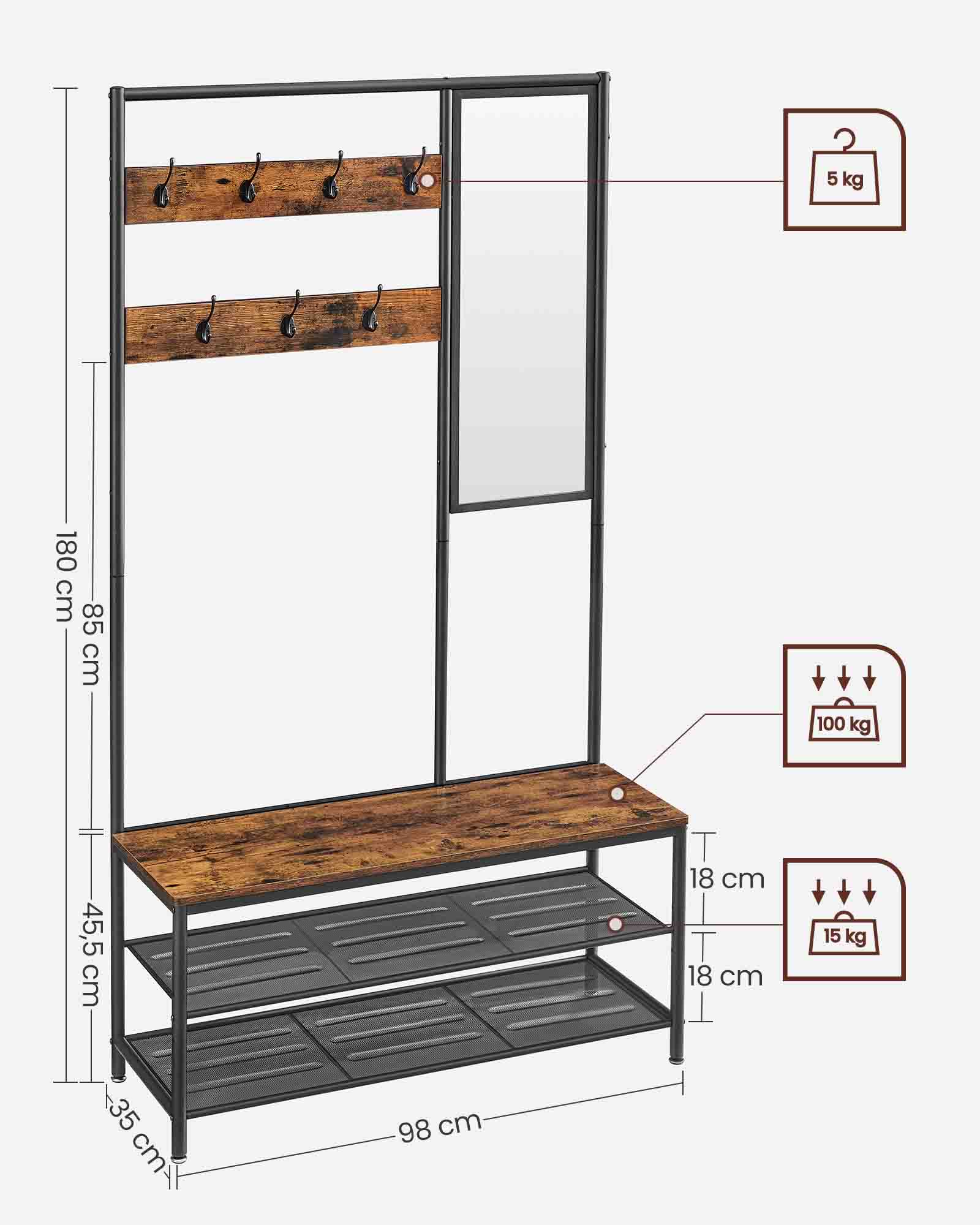Coat Rack - VELRO Shoe Storage Mirror Rack - Rustic Brown