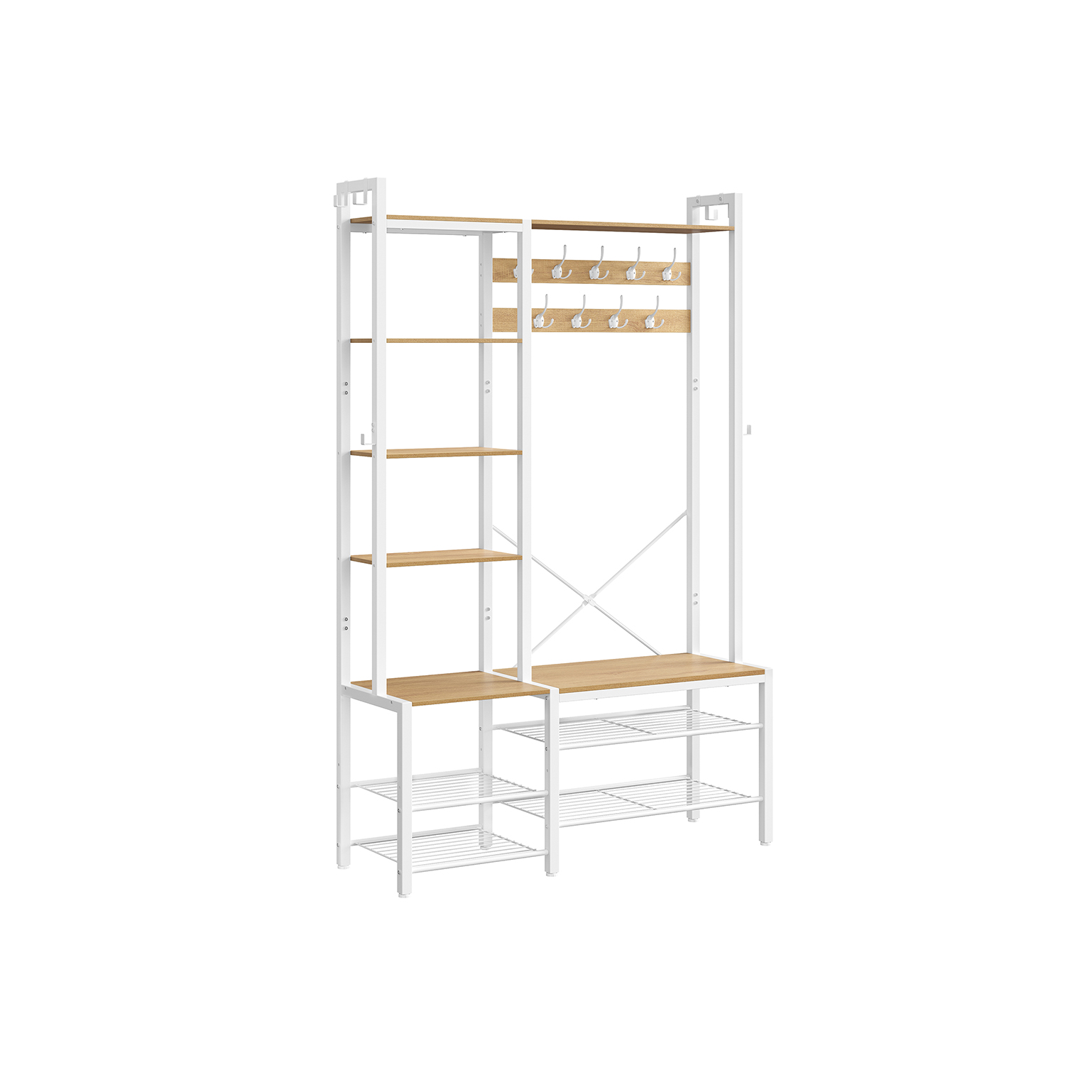 Coat Rack - VELRO Hallway Shoe Bench - Golden Oak and White