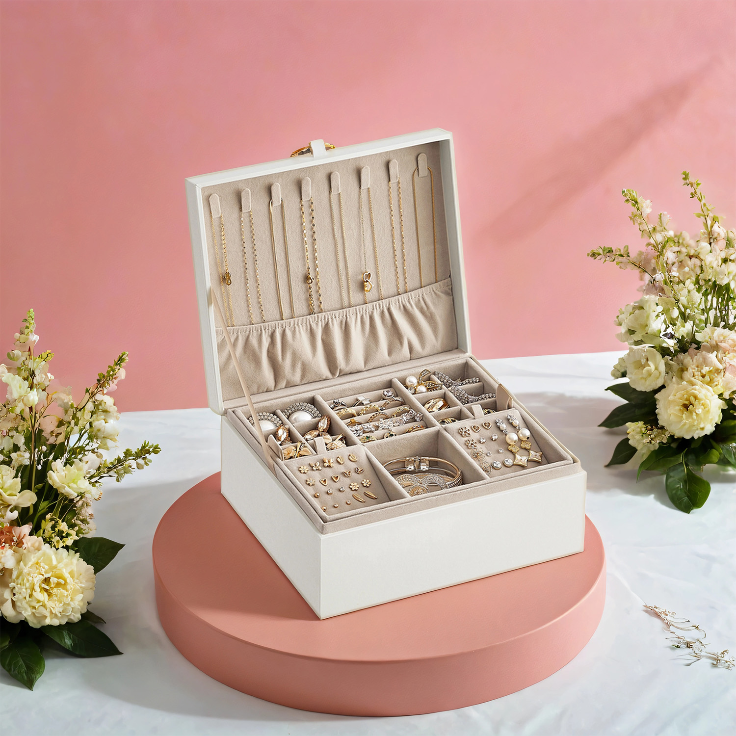 Jewelry Box - VERRIA 2-Layer Organizer with Handle and Removable Tray - White